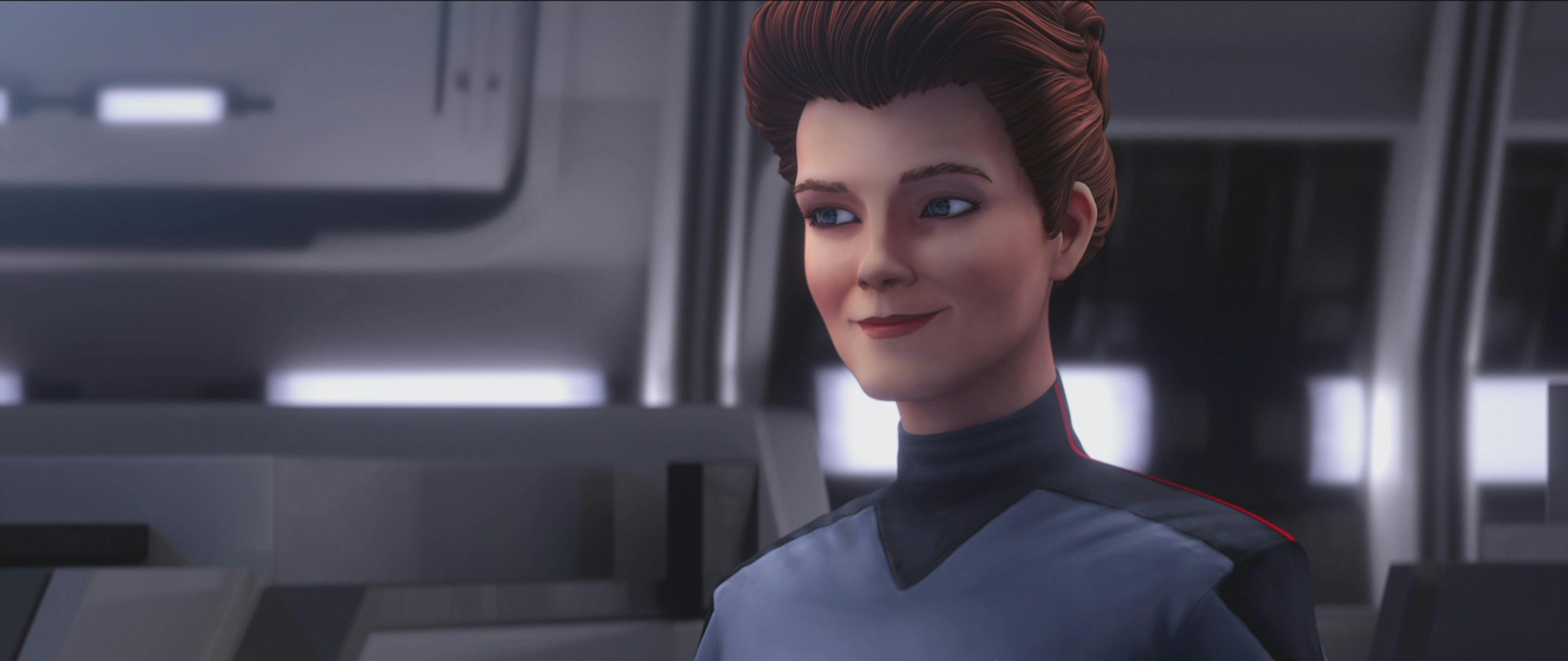 Holo-Janeway smiles approvingly in Star Trek: Prodigy
