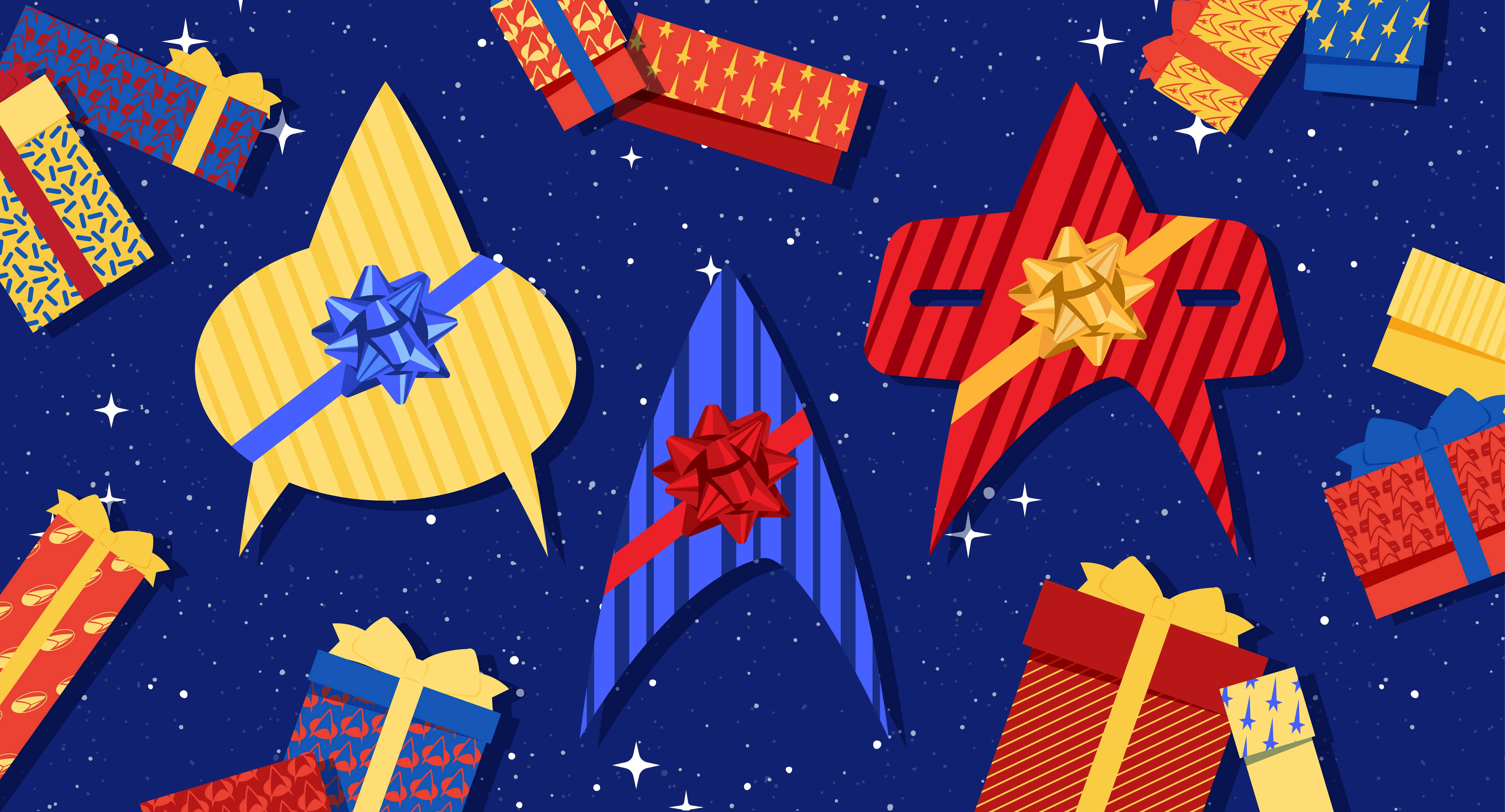Illustrated banner of holiday-themed Star Trek iconography like the delta shaped like a present