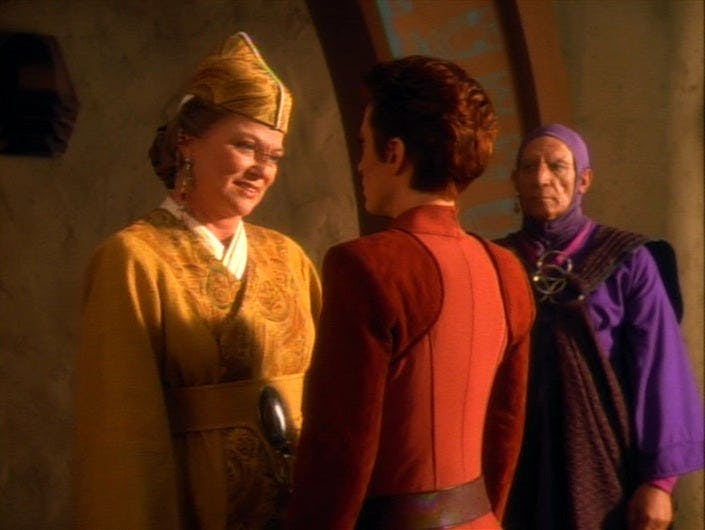 Newly elected Kai Winn greets Kira Nerys on Bajor in 'The Collaborator'