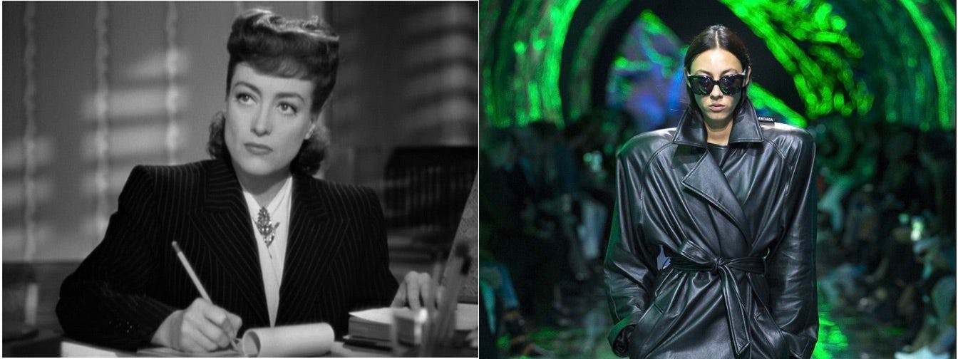 Left: Joan Crawford sporting a shoulder-padded business jacket in Mildred Pierce (1945). Right: Example of Demna Gvasalia’s Balenciaga Spring 2019 Collection