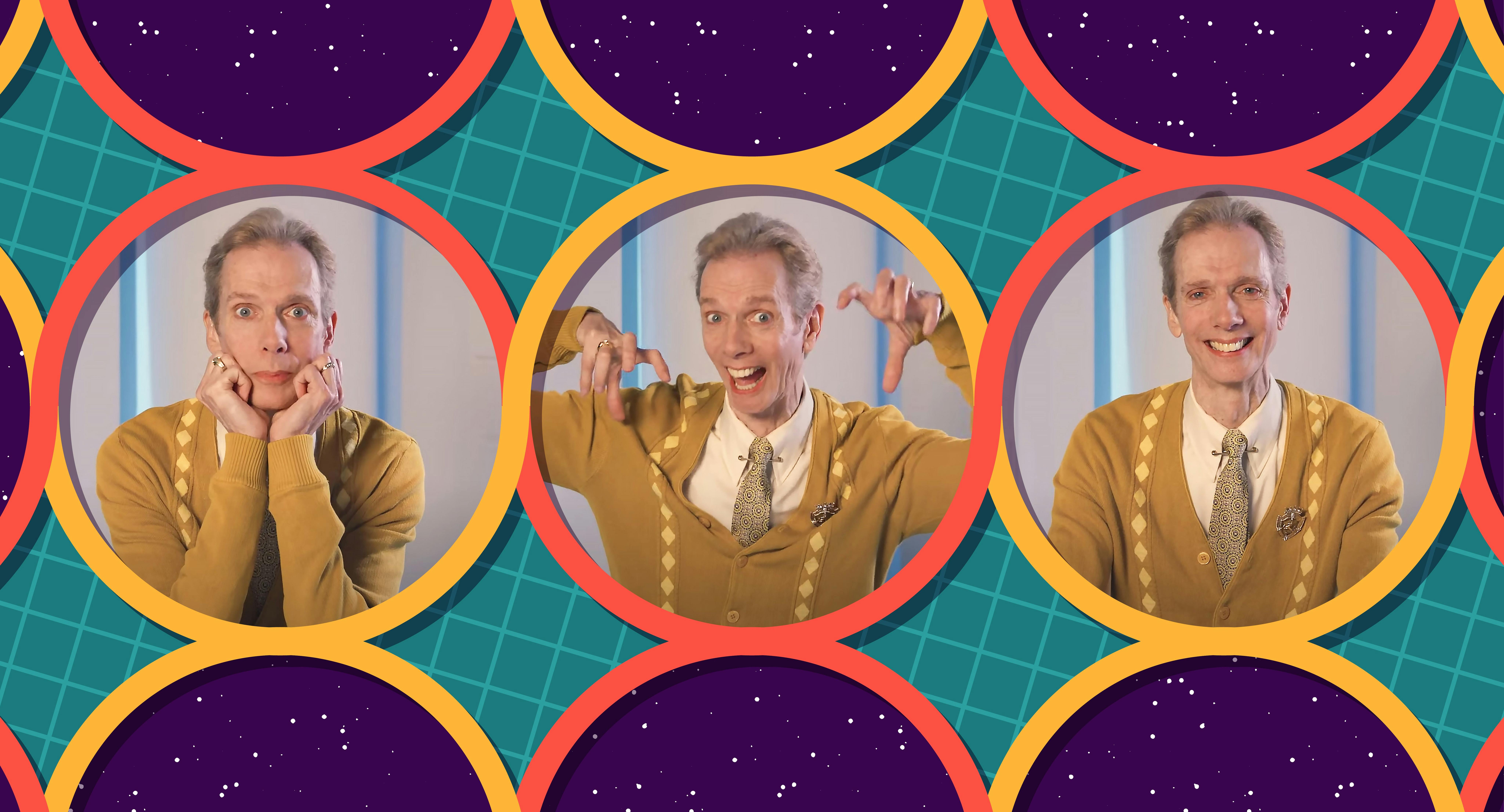 Illustrated banner of Doug Jones in three different poses