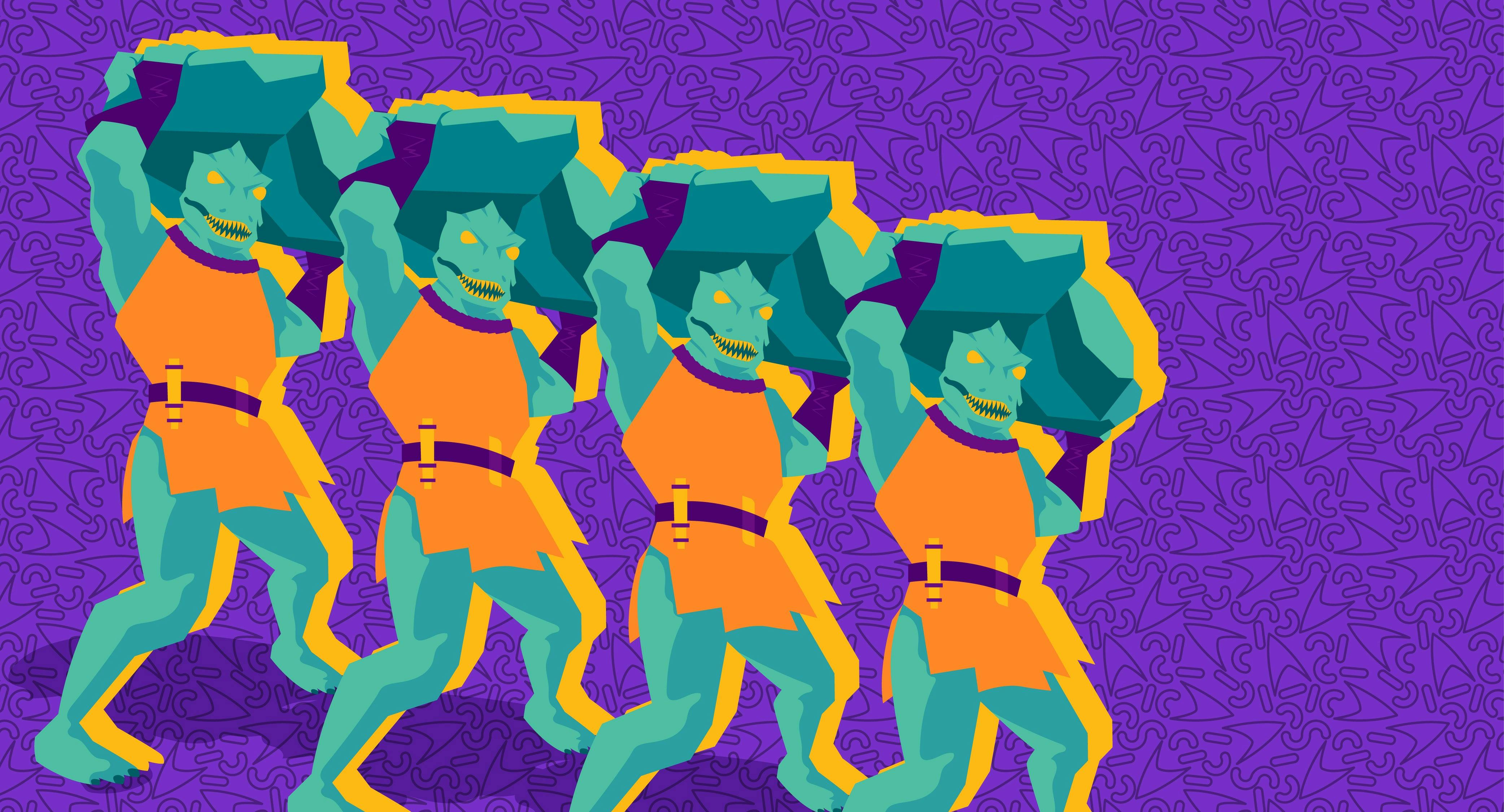 The Gorn captain from the episode "Arena" lifts up a rock to throw at Captain Kirk; the image is copied four times and set against a purple background.