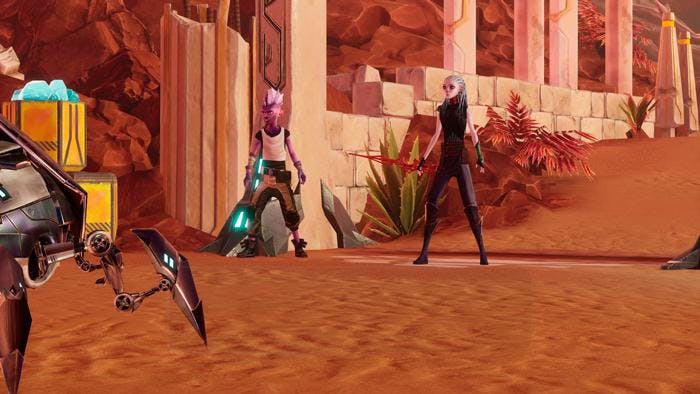 Still from Star Trek Prodigy: Supernova video game where Dal and Gwyn face off against Watchers
