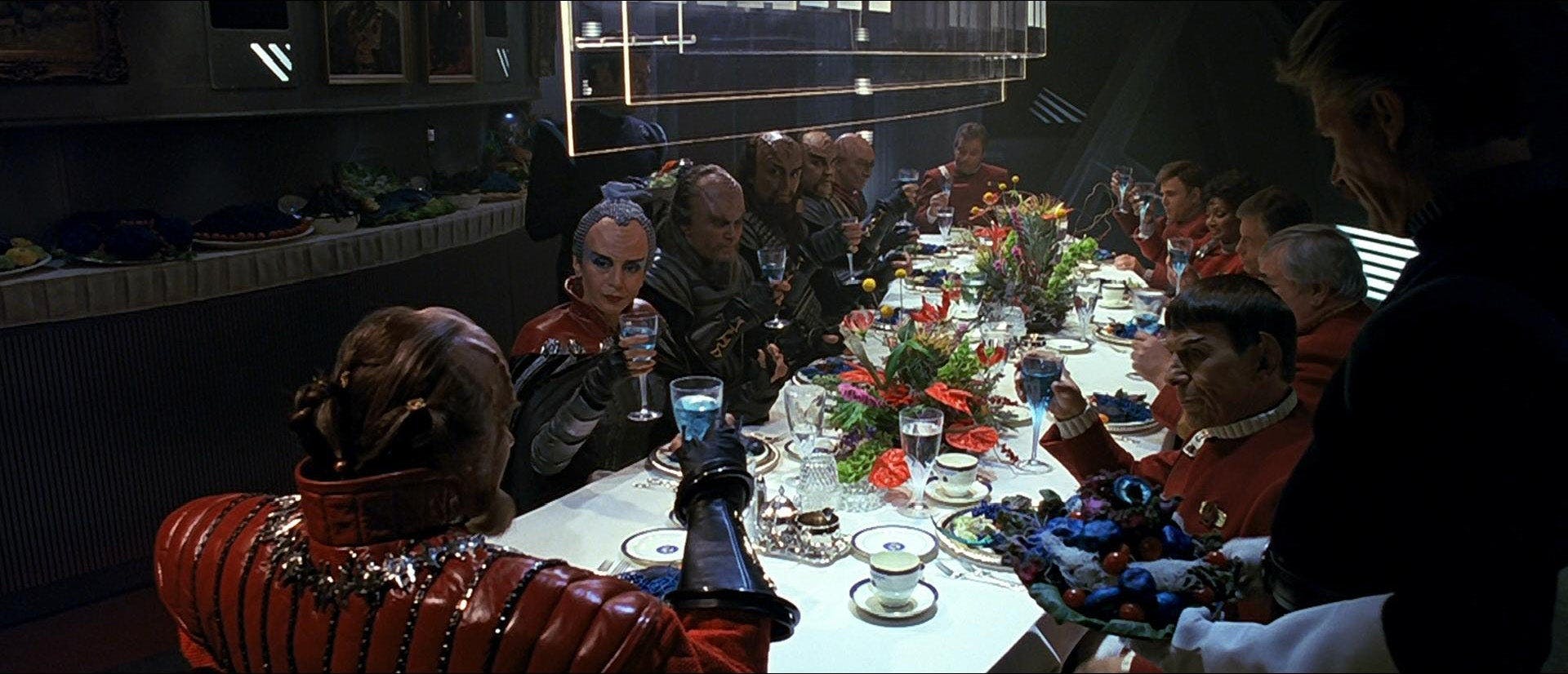 Klingons and the Enterprise crew share an extravagant meal on Star Trek: The Undiscovered Country