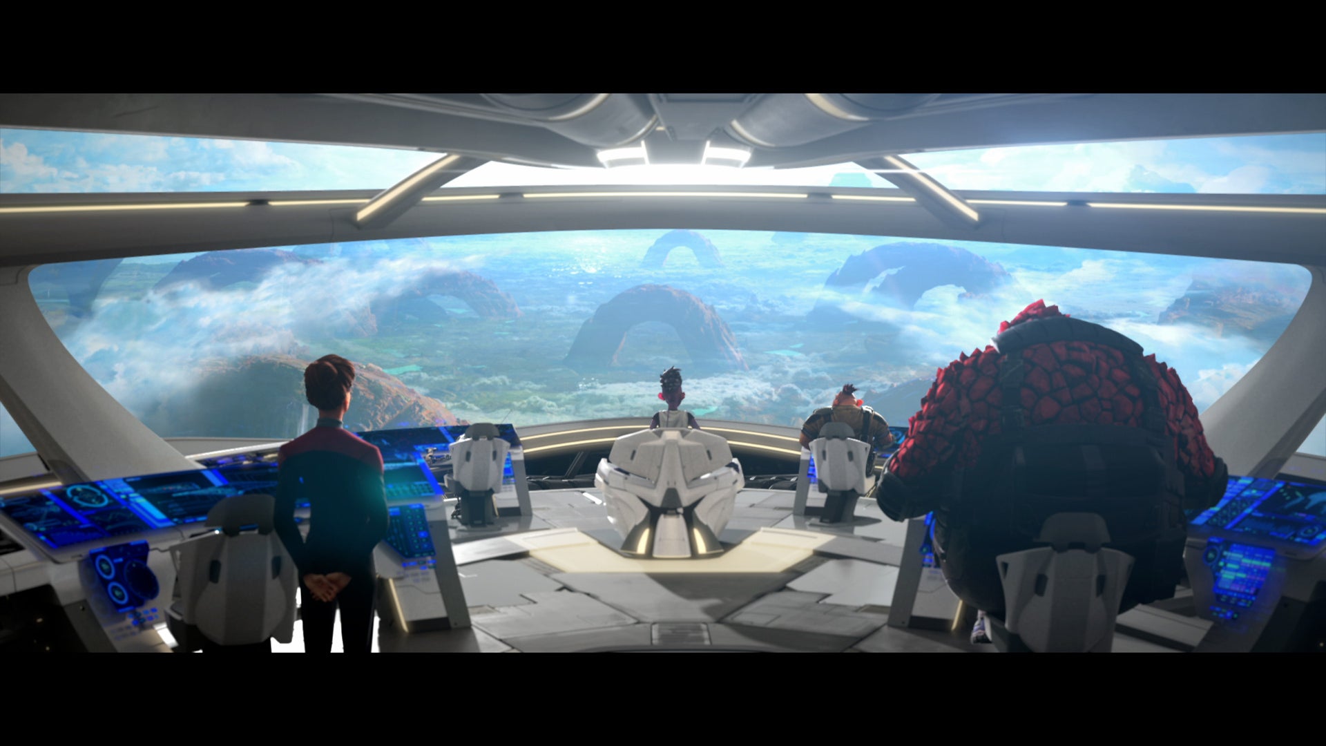 A view from the U.S.S. Protostar onto a green alien world, in a clip from Star Trek: Prodigy.