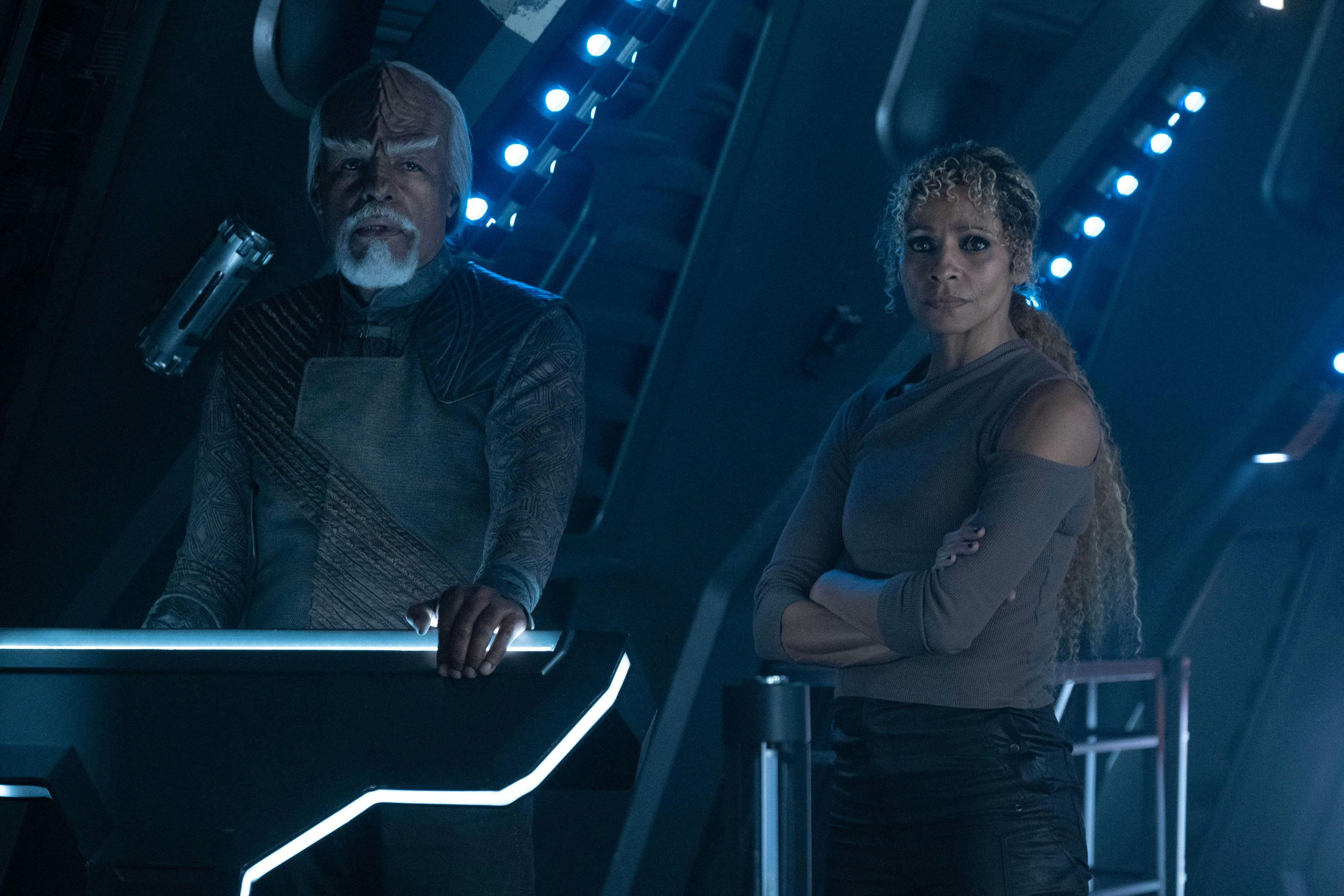 Worf and Raffi look ahead while at command of La Sirena on Star Trek: Picard