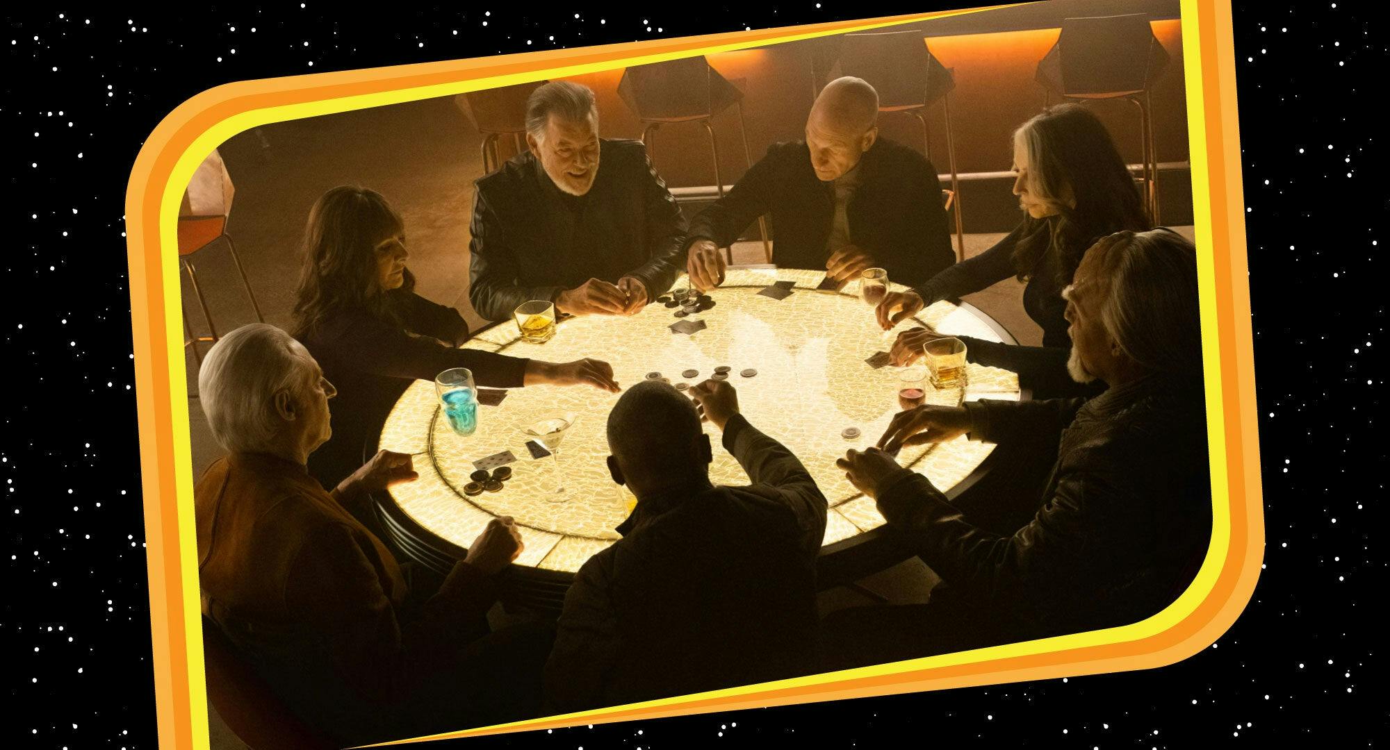 Illustrated banner of Star Trek: Picard 'The Last Generation' still of the Next Gen crew around the poker table in 10 Forward
