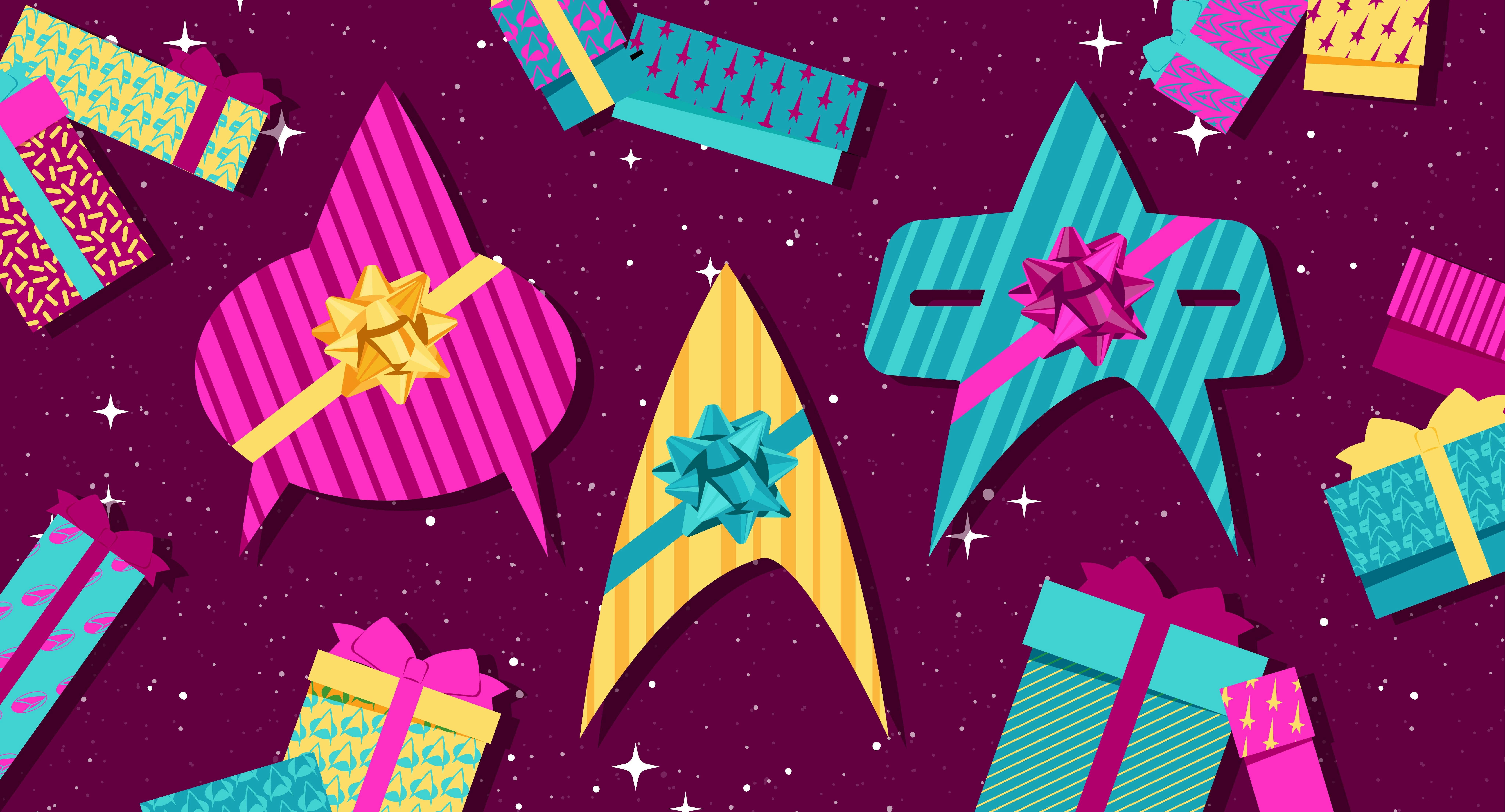 Illustrated banner of Star Trek deltas wrapped as presents
