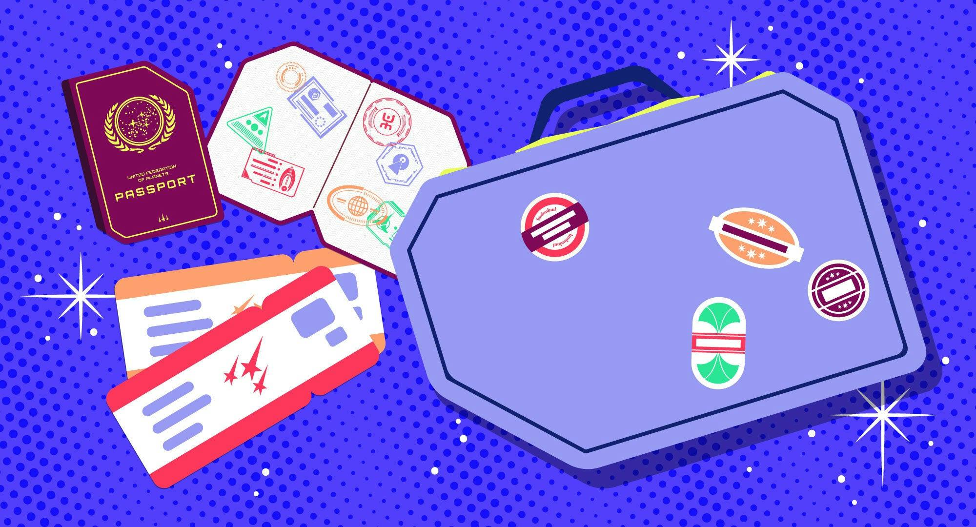 Illustrated banner featuring a suitcase with travel stickers on it, boarding tickets, and a Federation passport