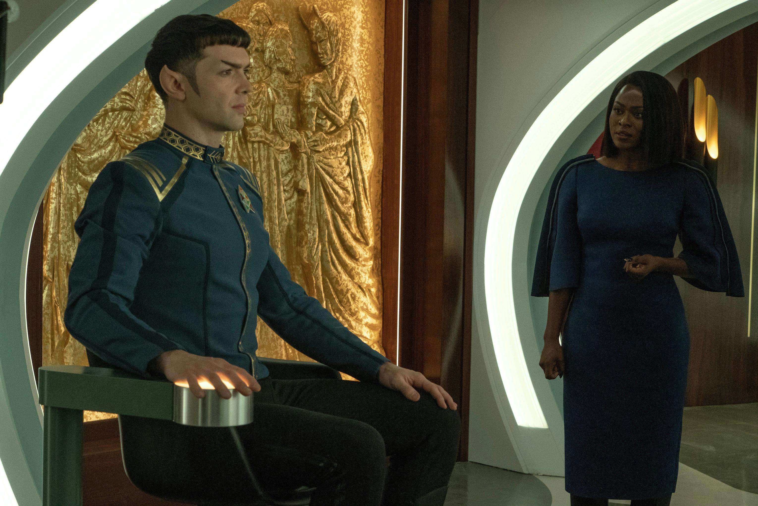 Neera Ketoul examines Spock as he takes the stand at trial in 'Ad Astra per Aspera'