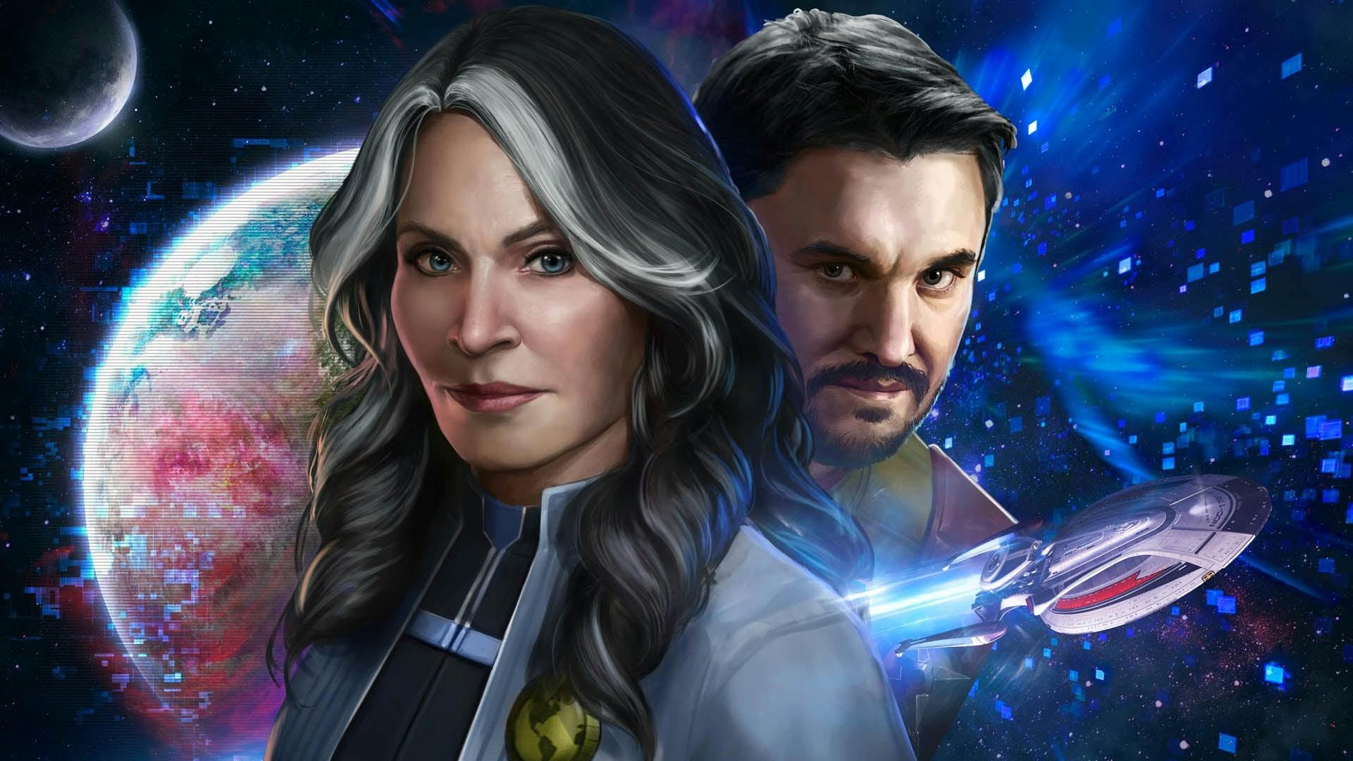 Star Trek Online visual key art featuring Beverly Crusher and Terran Emperor Wesley Crusher and The Other (mirror universe of V'ger)