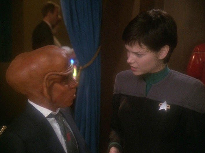 Ezri Dax checks in on Nog in his Holodeck simulation in 'It's Only A Paper Moon'