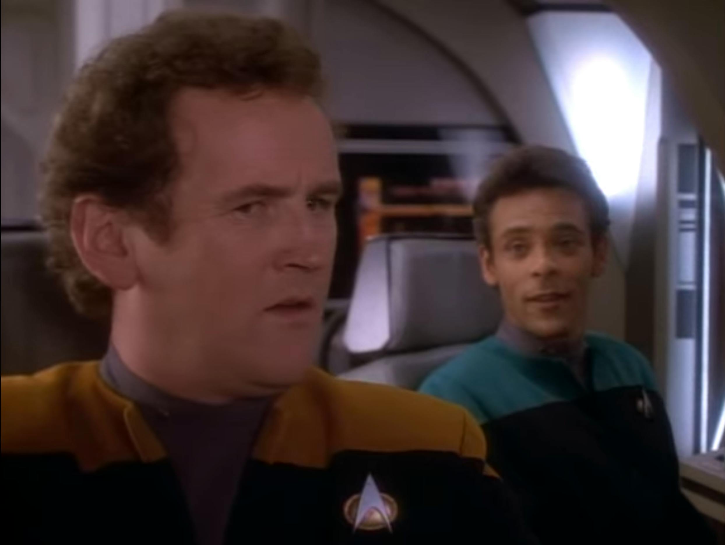 O'Brien and Bashir fail to get along in a shuttle on Star Trek: Deep Space Nine