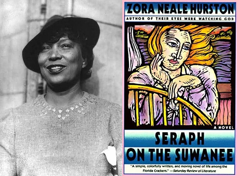 Portrait of author Zora Neale Hurston alongside the cover of her novel 'Seraph on the Suwanee'