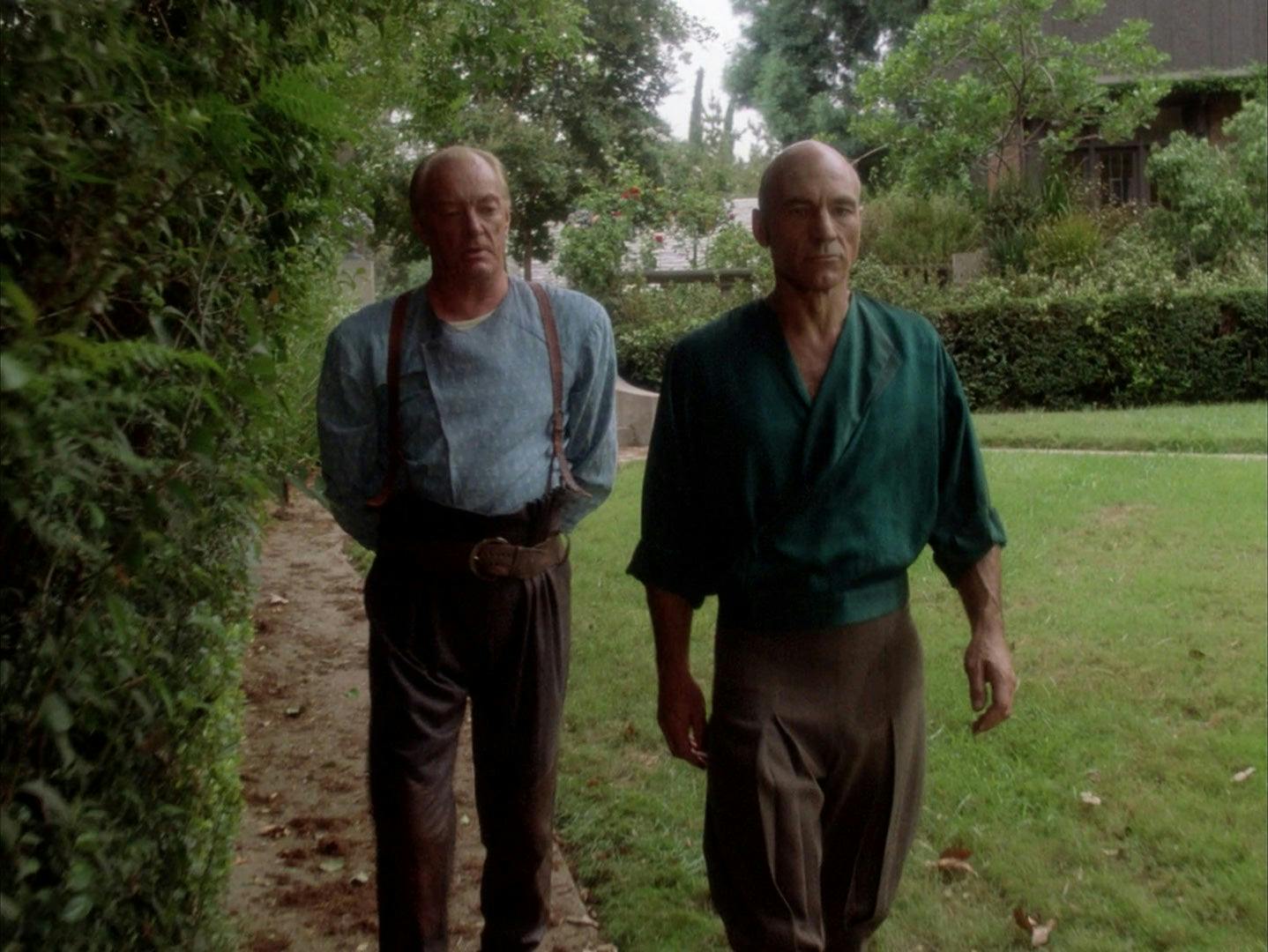 Robert and Jean-Luc Picard stroll their grounds of their family vineyard in 'Family'