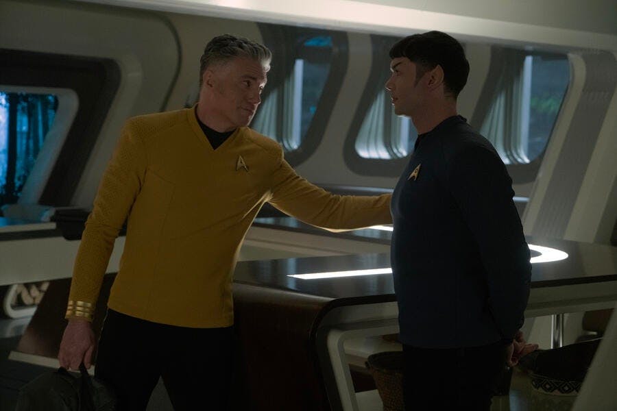 In his Ready Room, Pike reaches over to assure him by placing his hand on Spock's shoulder in 'The Broken Circle'