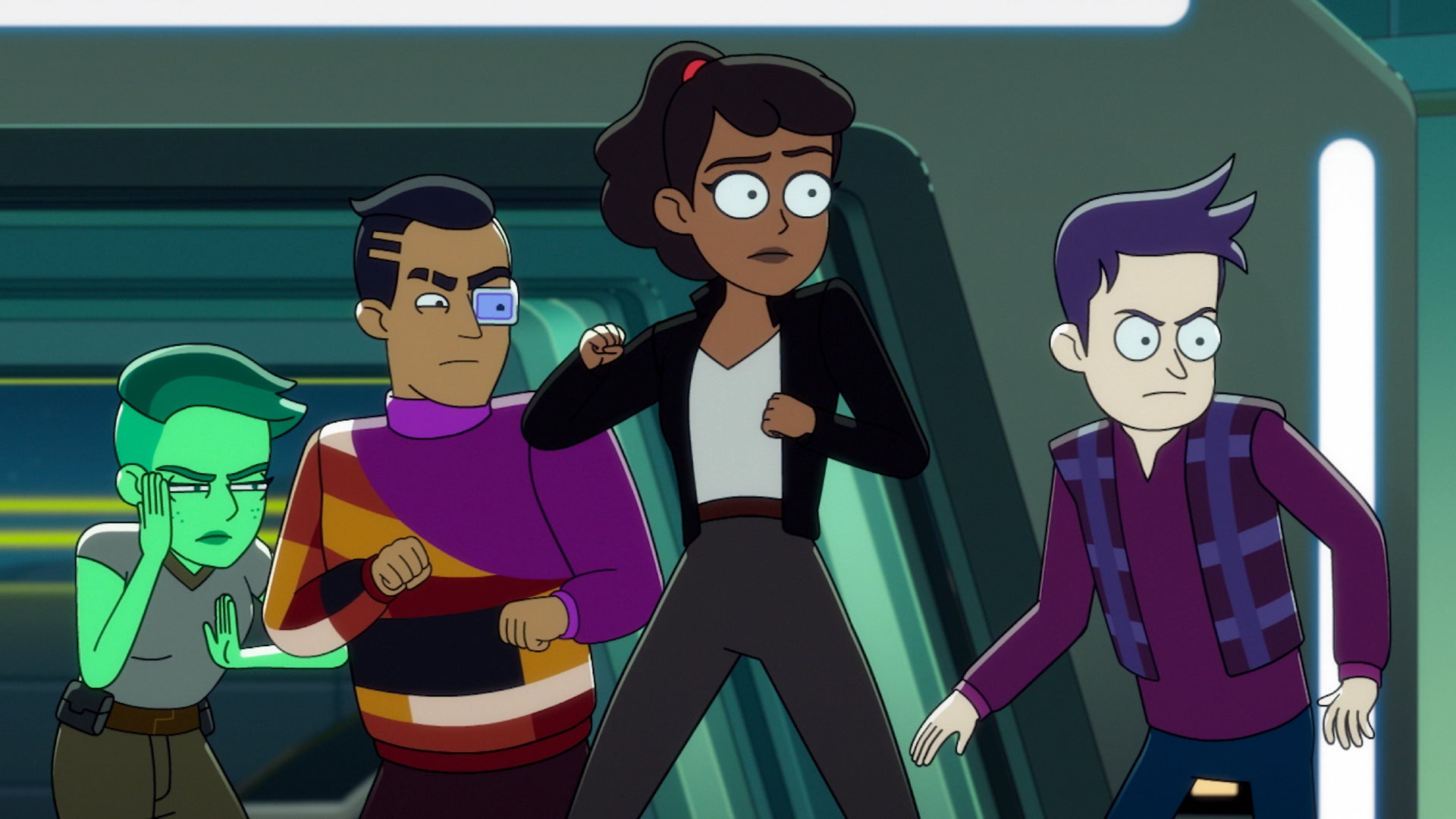 Lower Decks still of Rutherford, Mariner and Boimler in a defensive stance