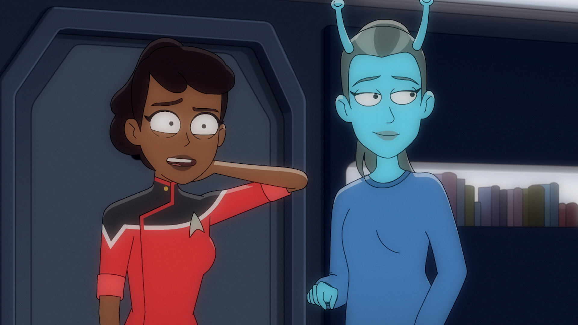 Mariner and Jennifer arrive at the salon in Star Trek: Lower Decks