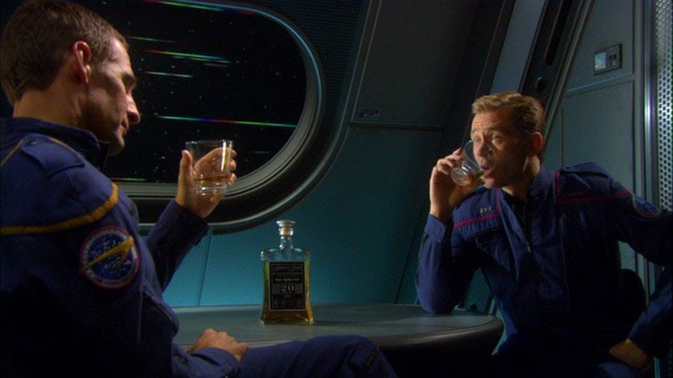 Archer and Trip relax with a glass of whiskey in 'These Are The Voyages...'