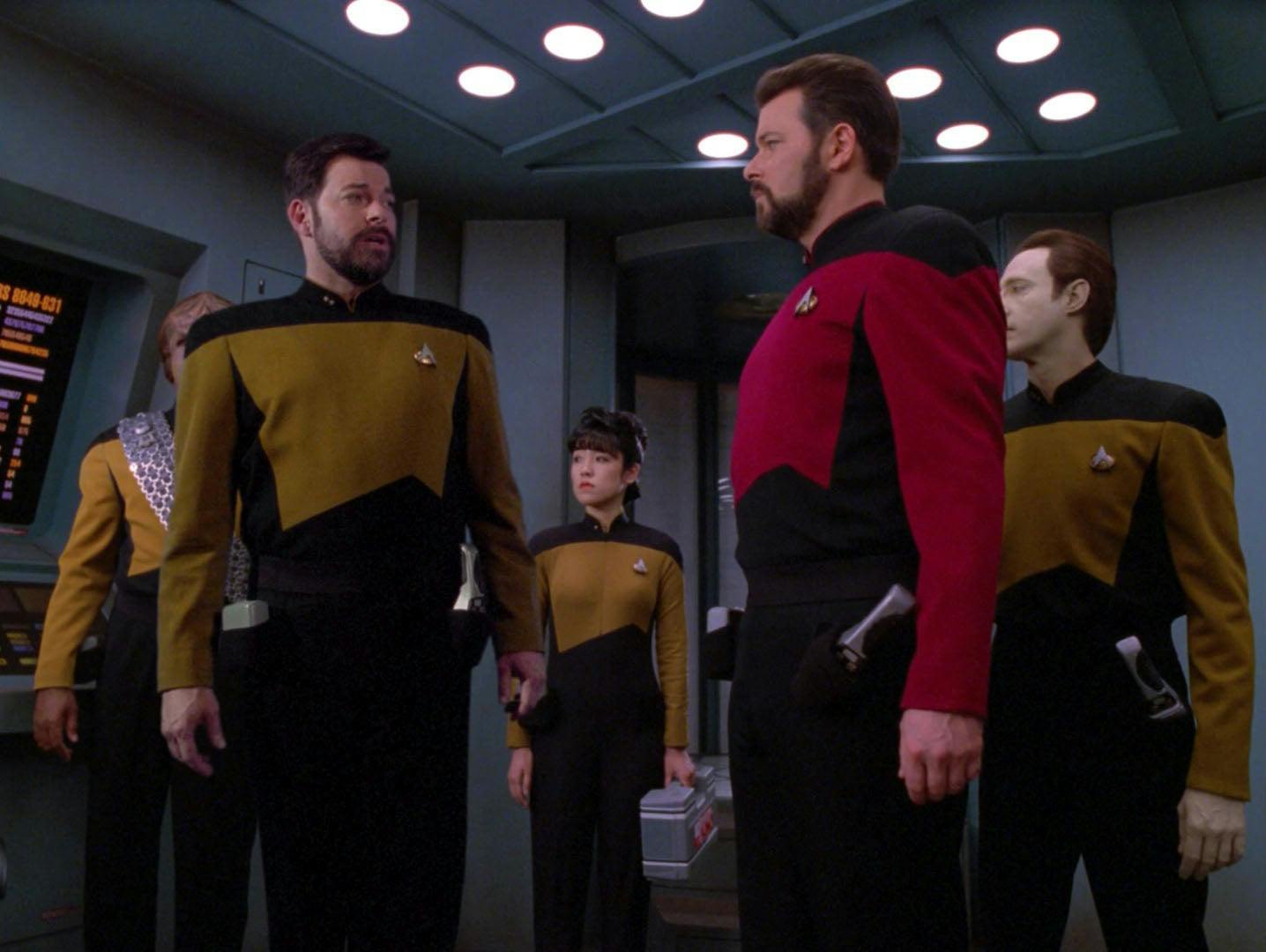 Thomas Riker and Will Riker square off against one another with Worf and Data in their wings in 'Second Chances'