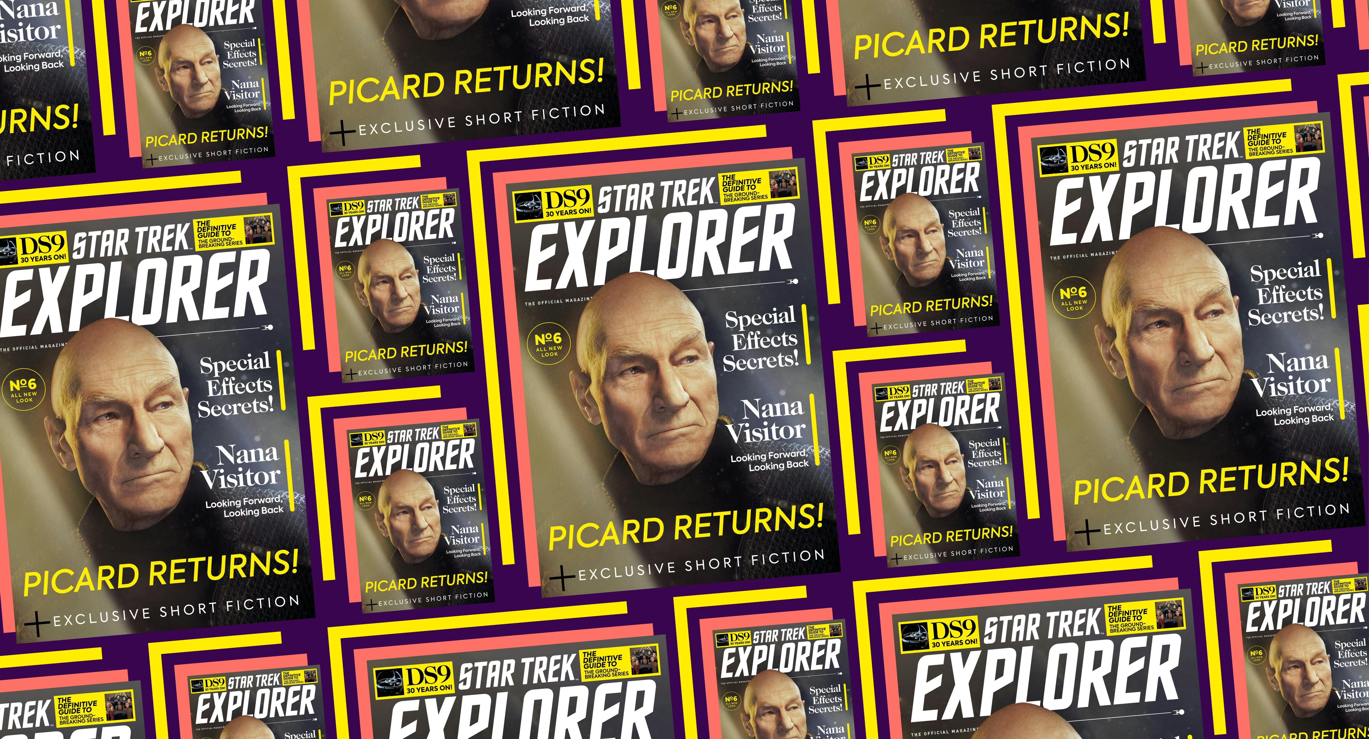Illustrated banner featuring the Star Trek Explorer #6 cover with Jean-Luc Picard
