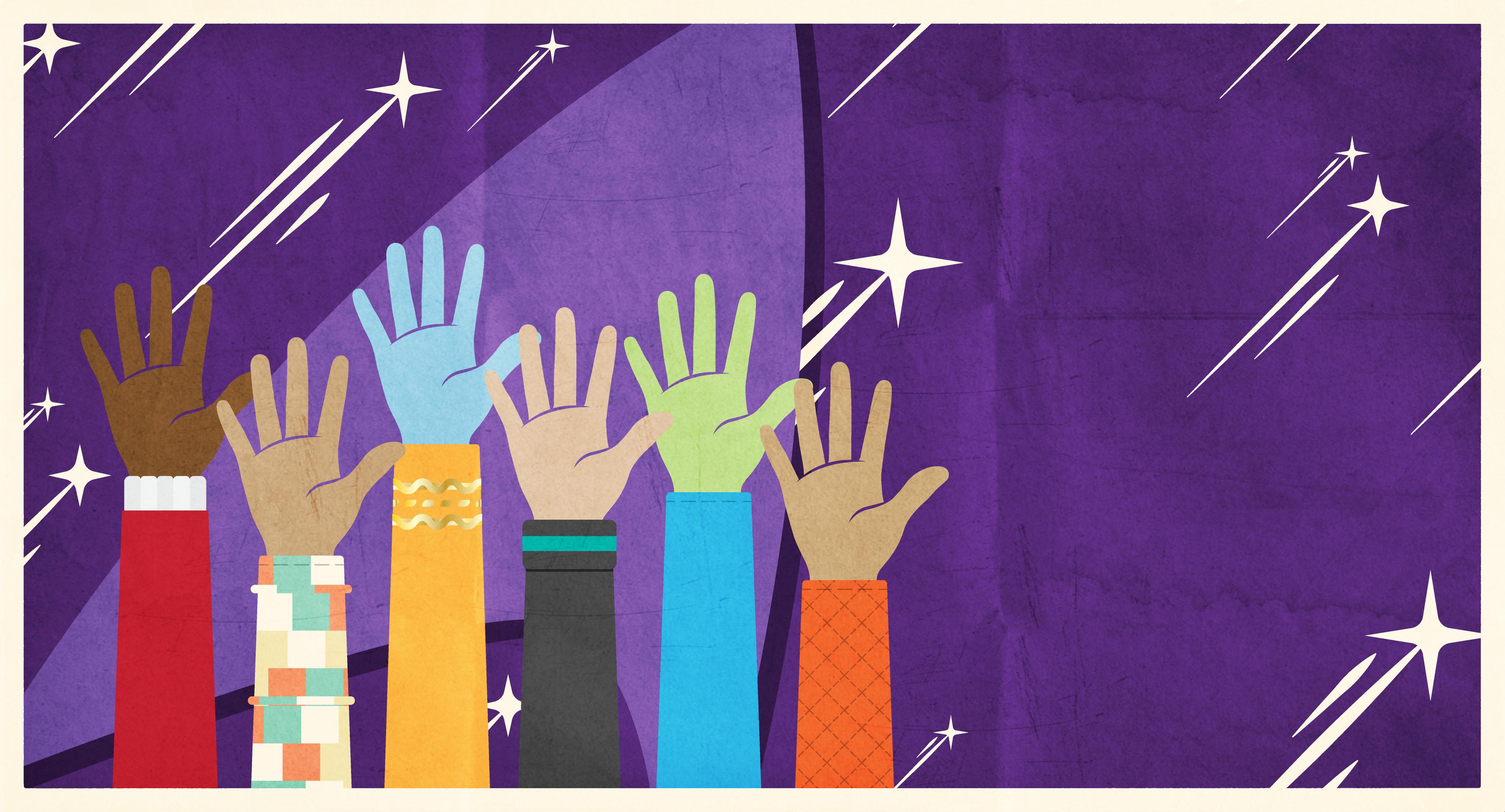 Illustrated graphic of several hands raised with flying starbursts and a large purple Delta for Star Trek and Starfleet Service