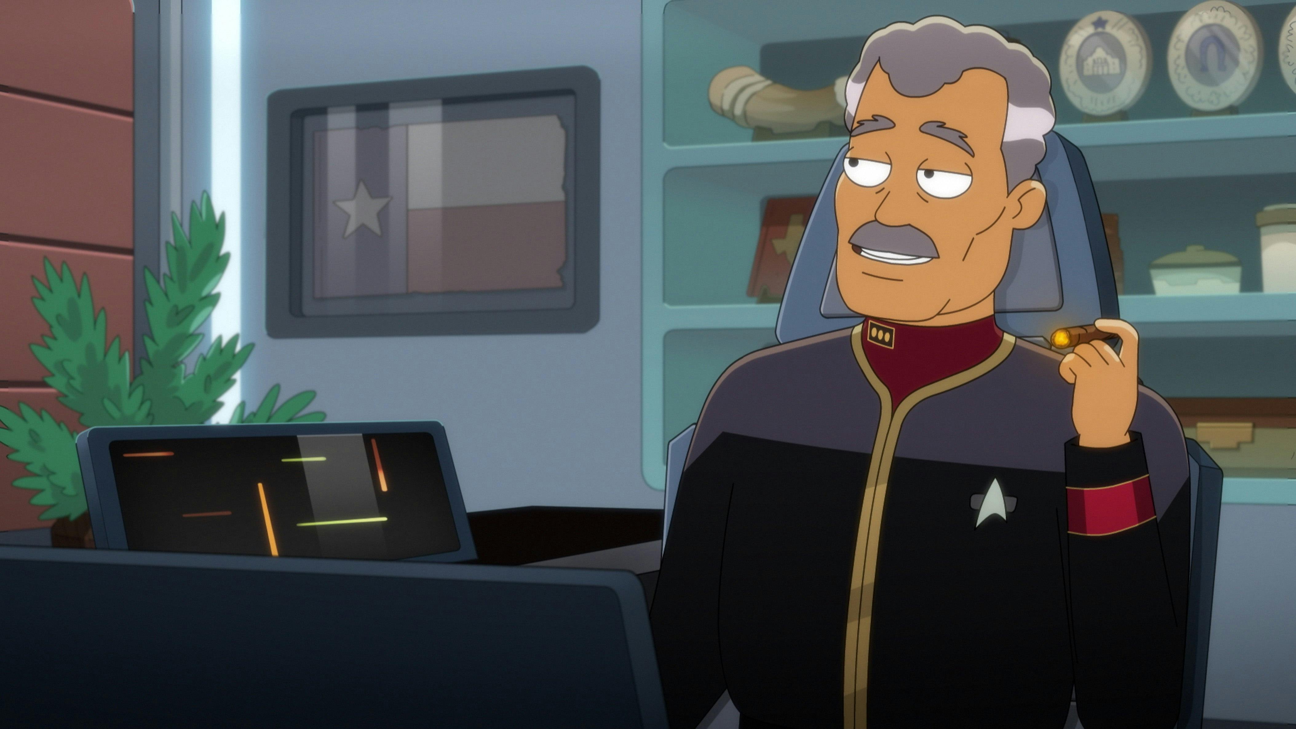Buenamigo sits back in his chair smugly with a lit cigar in Star Trek: Lower Decks