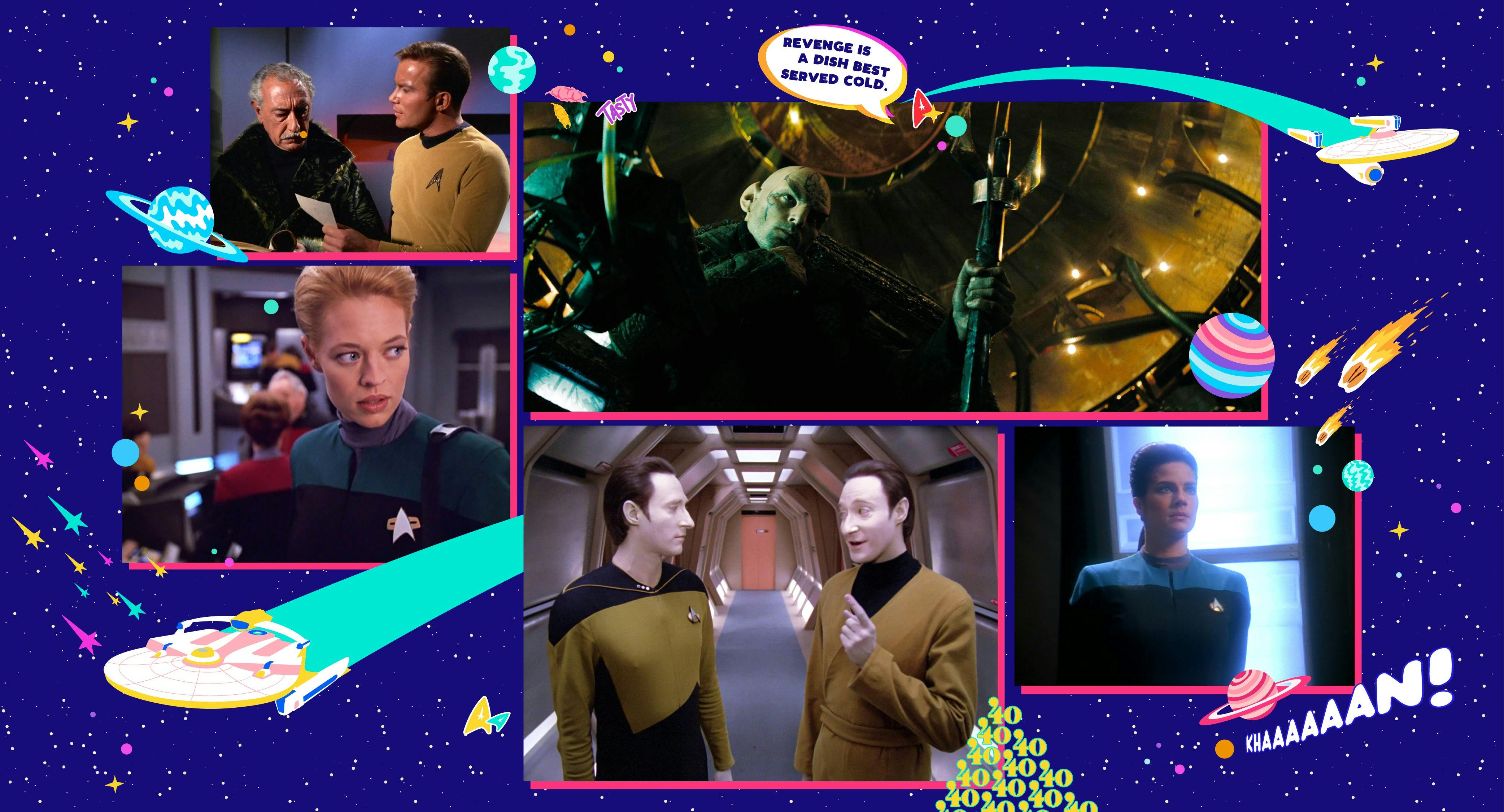 A collage of images featuring Kirk, Seven of Nine, Data, Lore, Jadzia Dax, and Nero is set against a purple background.