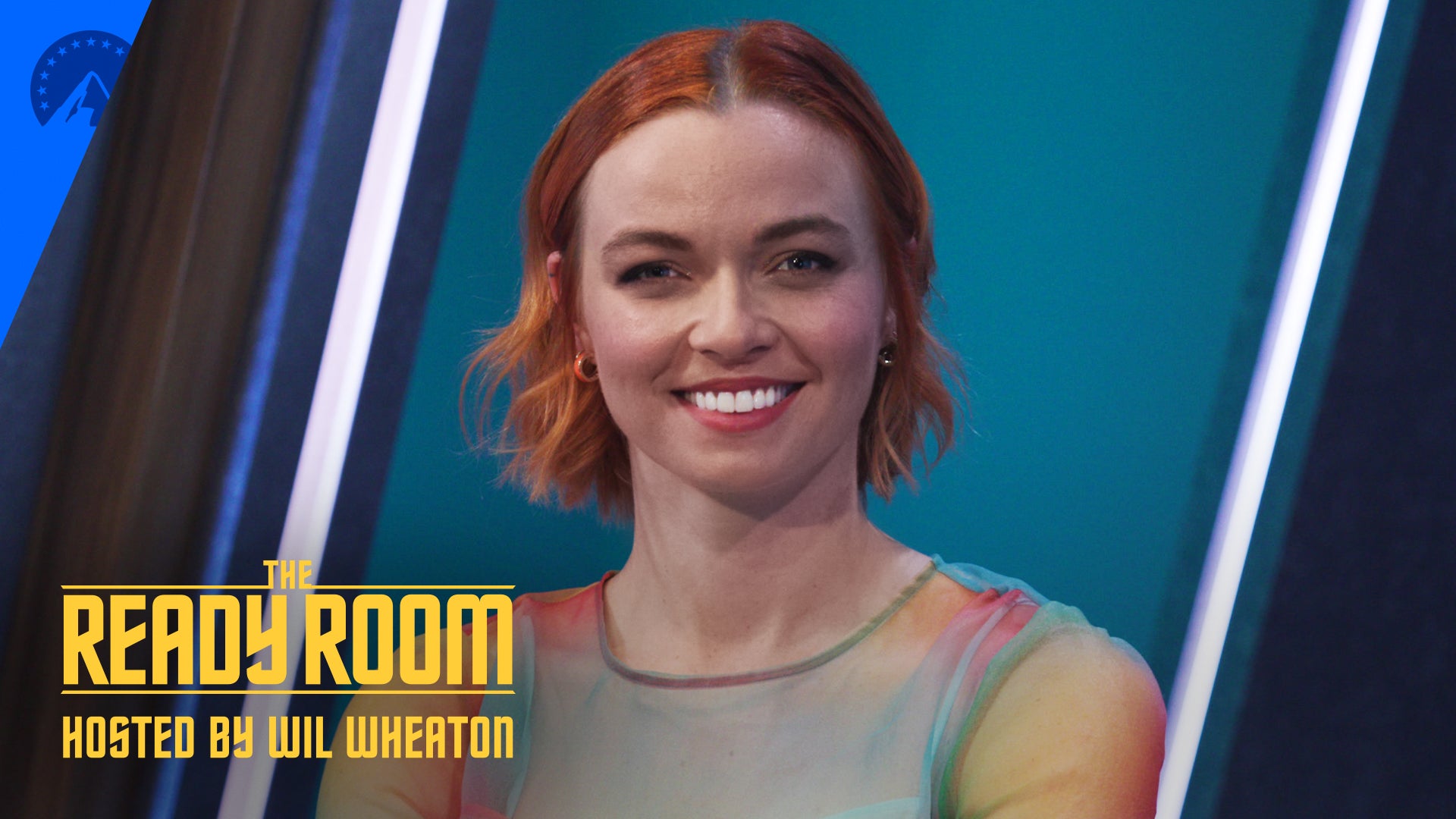 Close-up of Jess Bush on the set of The Ready Room