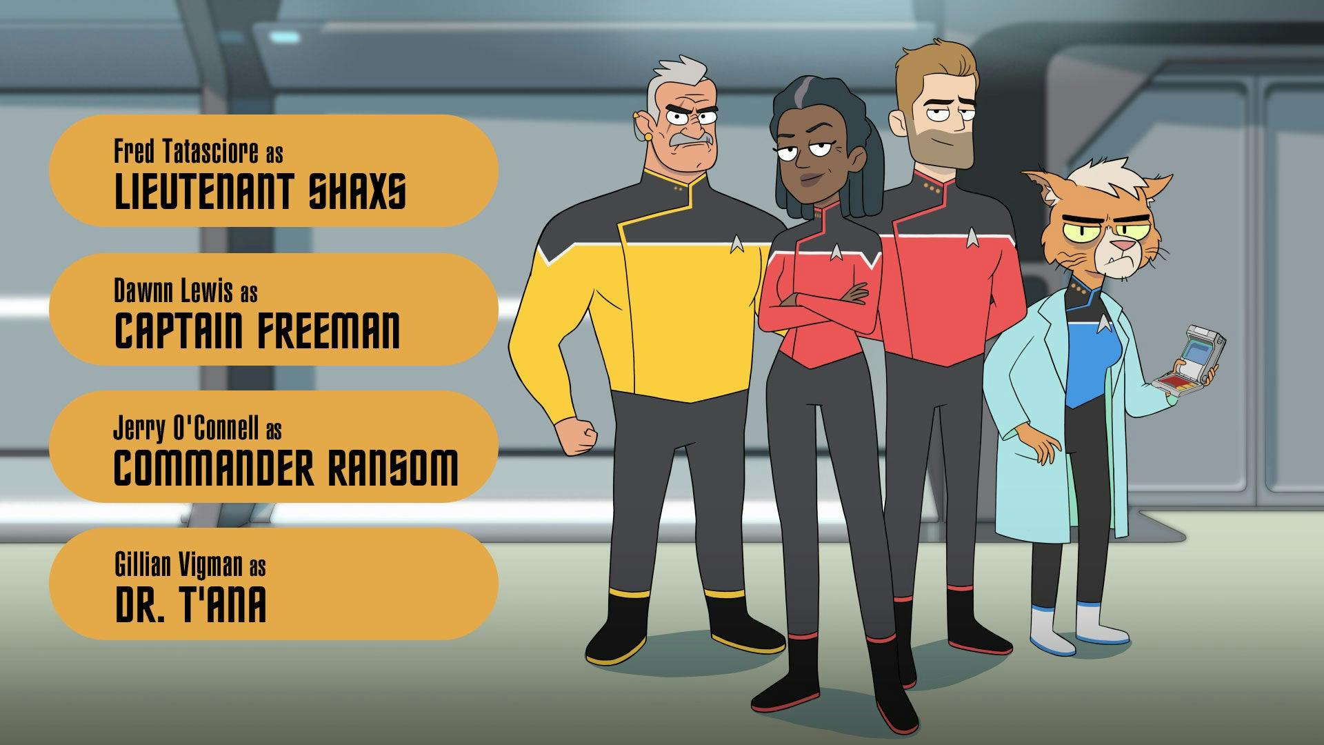 Lieutenant Shaxs, Captain Freeman, Commander Ransom, and Dr. T'Ana in Star Trek: Lower Decks