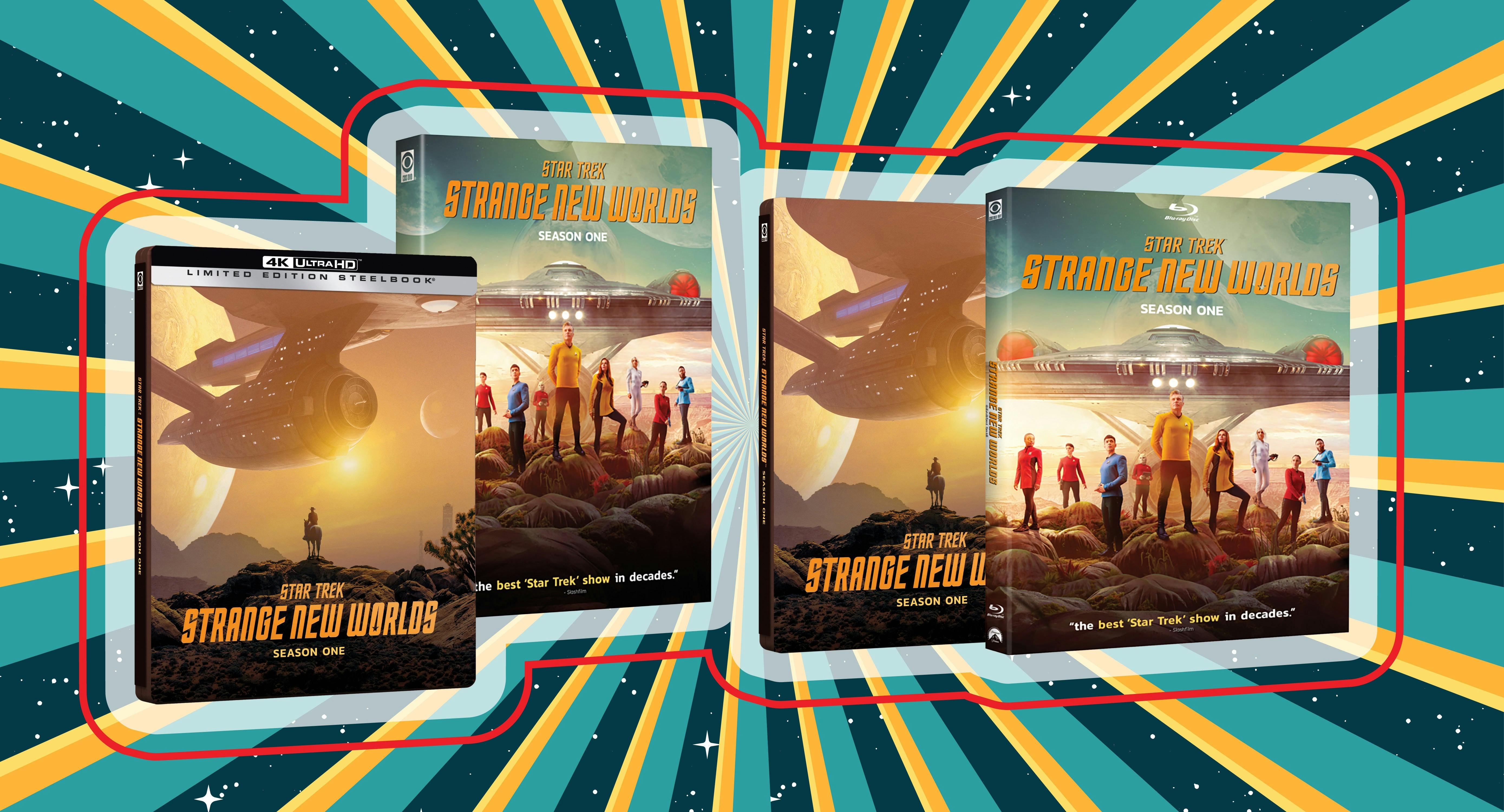 Illustrated banner with Star Trek: Strange New Worlds blu-ray and dvd product shots