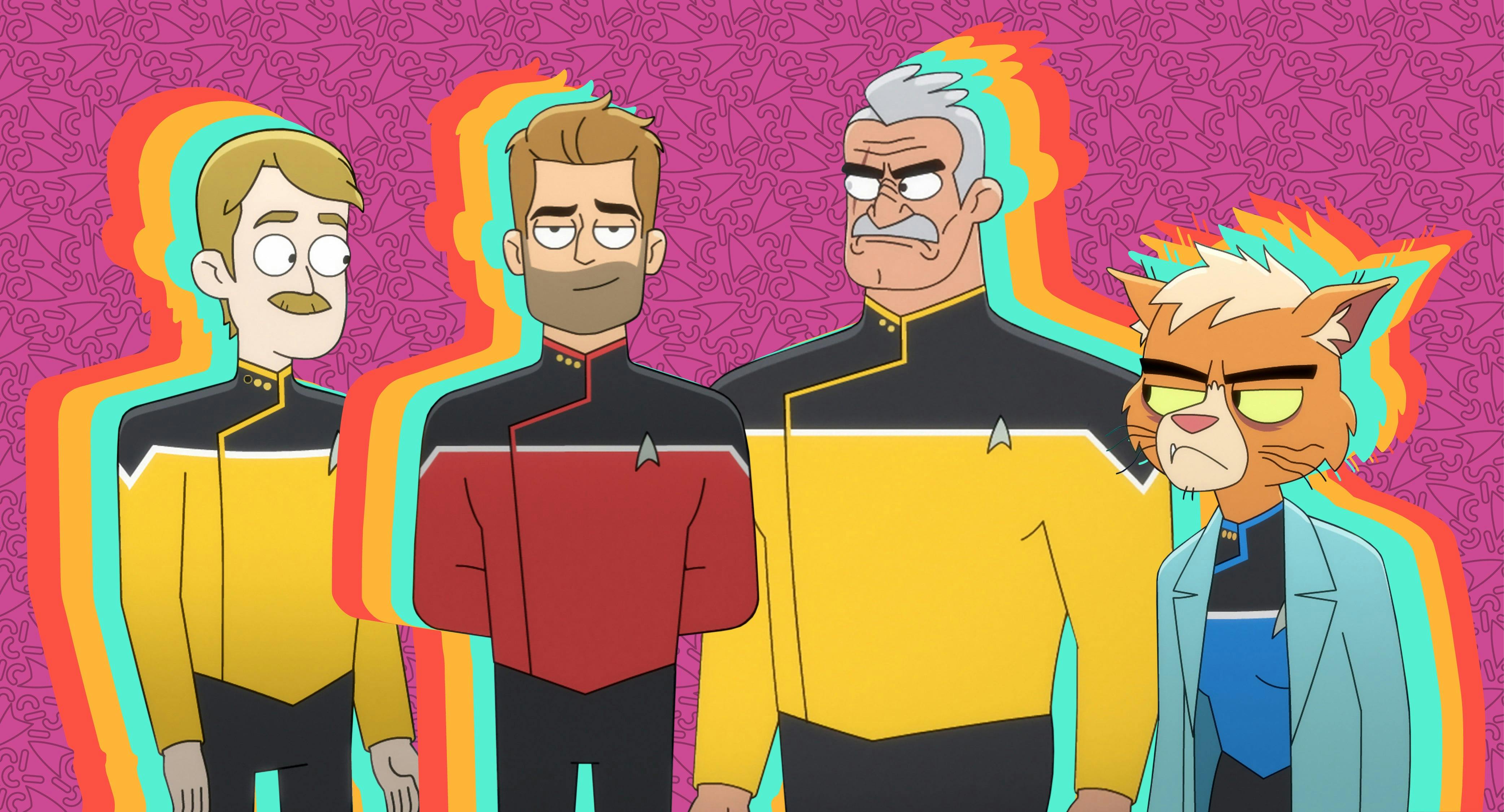 Illustrated banner of the Star Trek: Lower Decks' Bridge crew - Andy Billups, Jack Ransom, Shaxs, and Dr. T'Ana