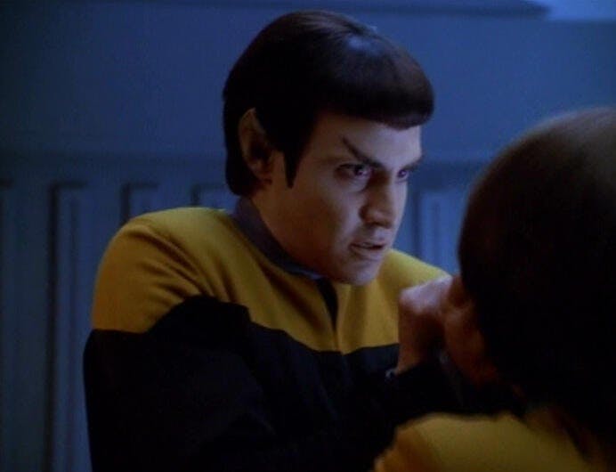 Ensign Vorik forcefully attempts a mind-meld on B'Elanna Torres due to pon farr in 'Blood Fever'