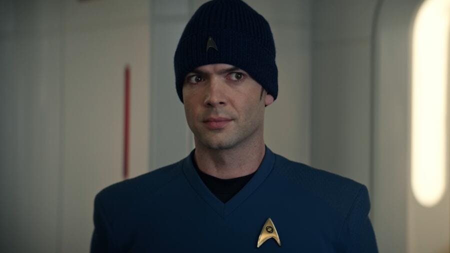 A worried Spock wearing a regulation beanie looks over at his mom in 'Charades'