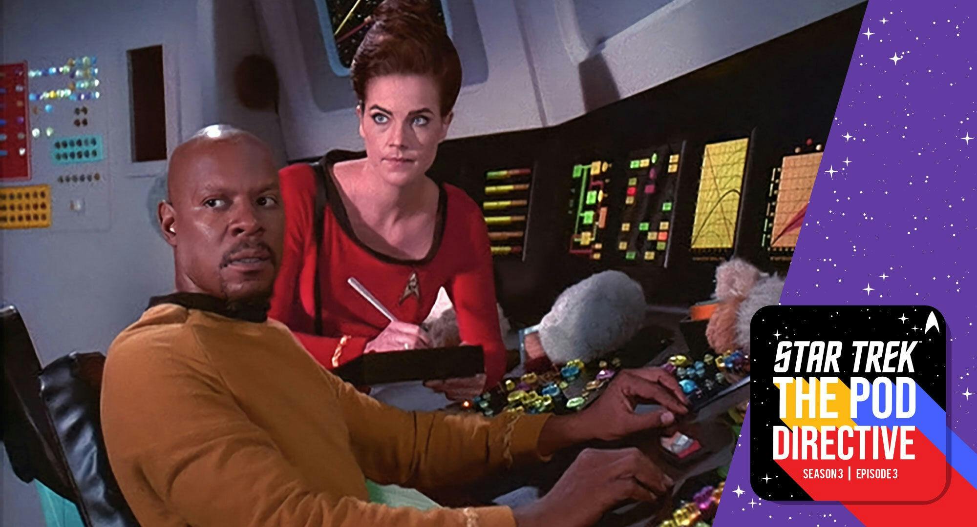 Illustrated banner with Sisko and Dax in Trials and Tribble-ations and the Pod Directive show logo