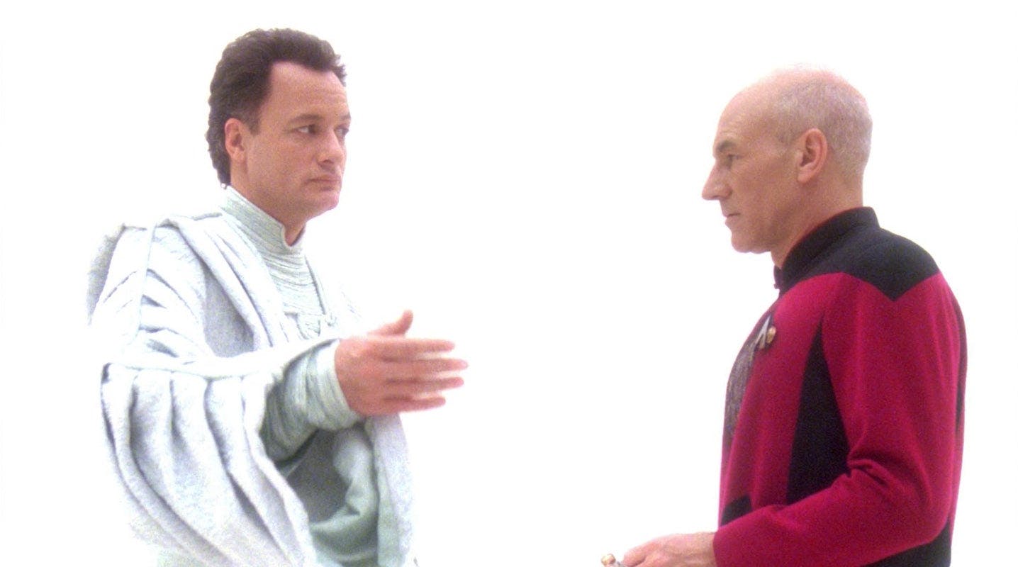 Q meets Picard and offers him a change to change the past in a scene from ‘Tapestry’