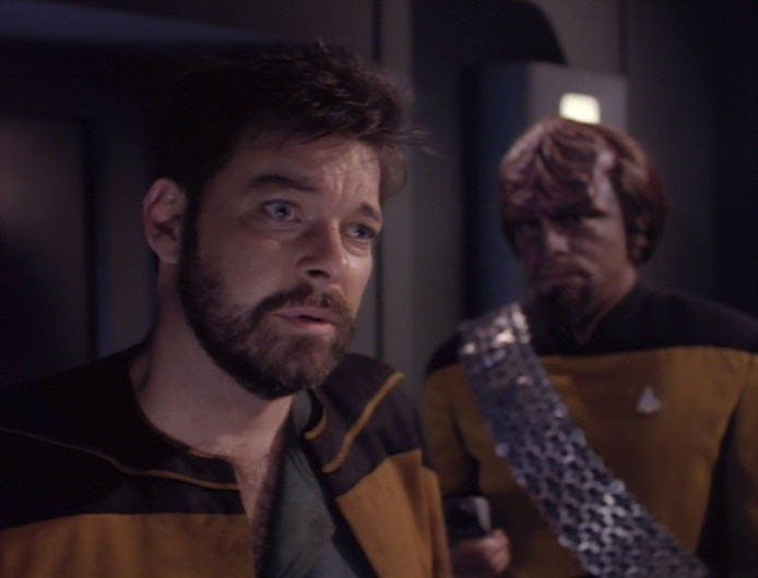 Then-Lieutenant William Thomas Riker beams onto the Enterprise.