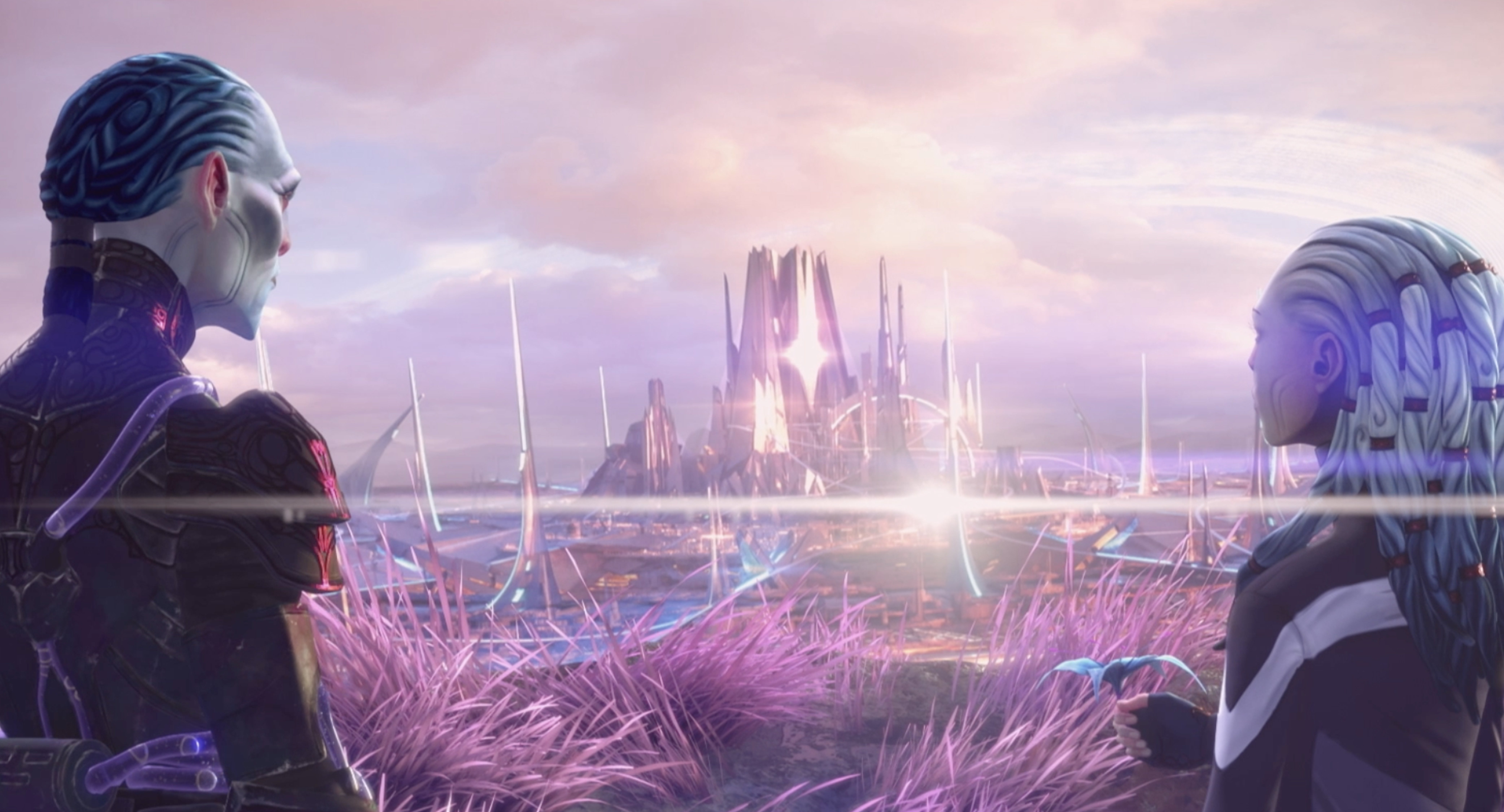 The Diviner and Gwyn look at a computer simulation of Solum in 'A Moral Star'