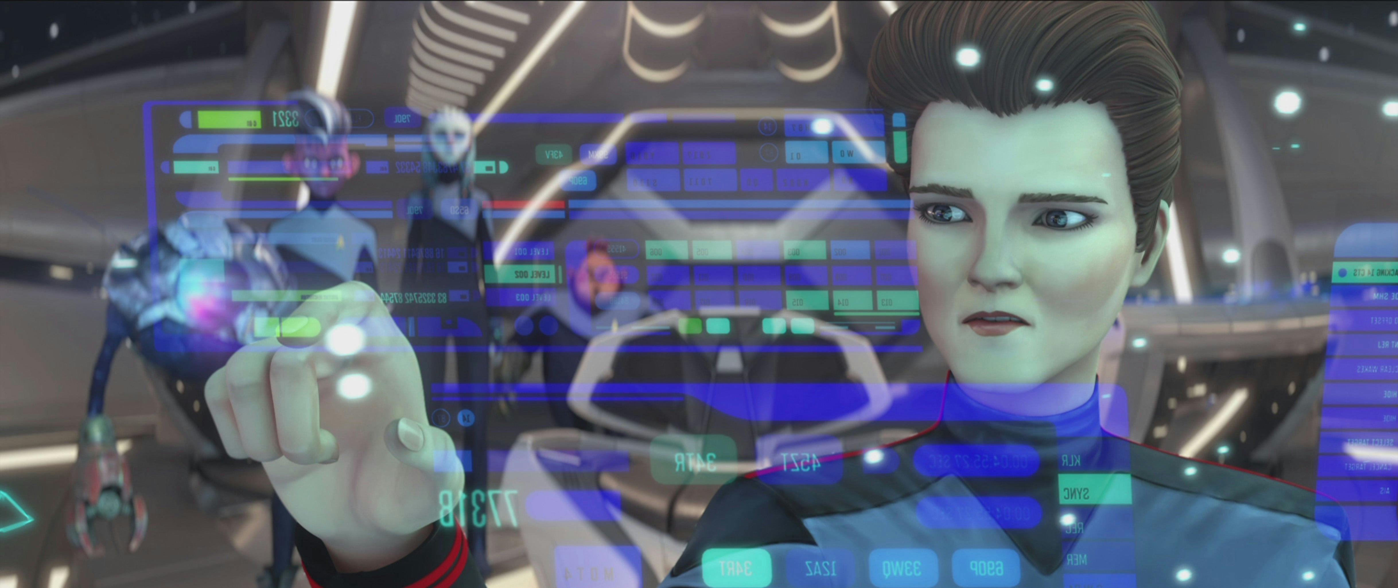 Holo-Janeway looks at a holo-screen while in the back, Zero, Dal, Gwyn, and Jankom Pog look over her shoulder on Star Trek: Prodigy