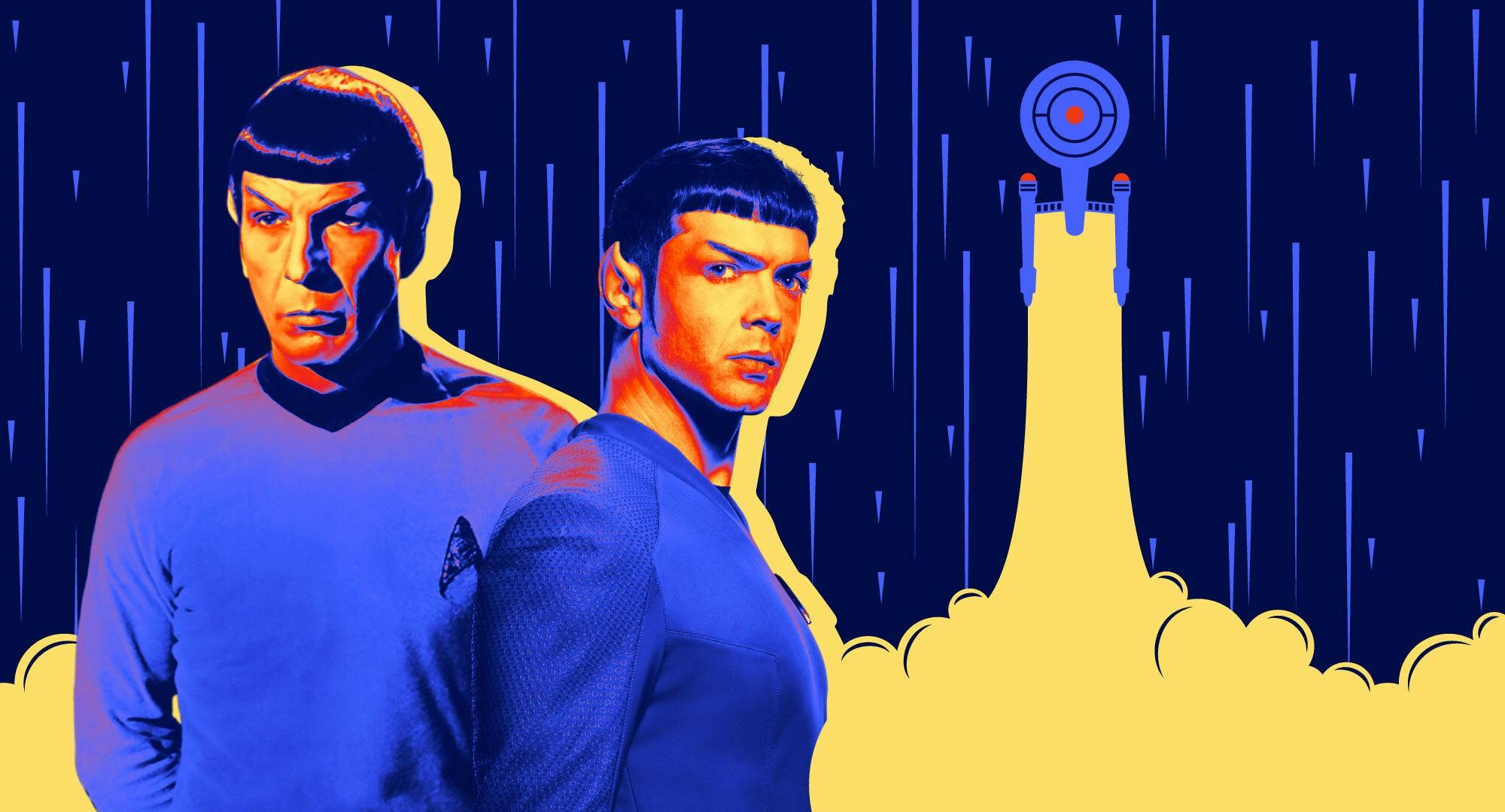 Illustrated art featuring the U.S.S. Enterprise warping as well as Leonard Nimoy and Ethan Peck as Spock