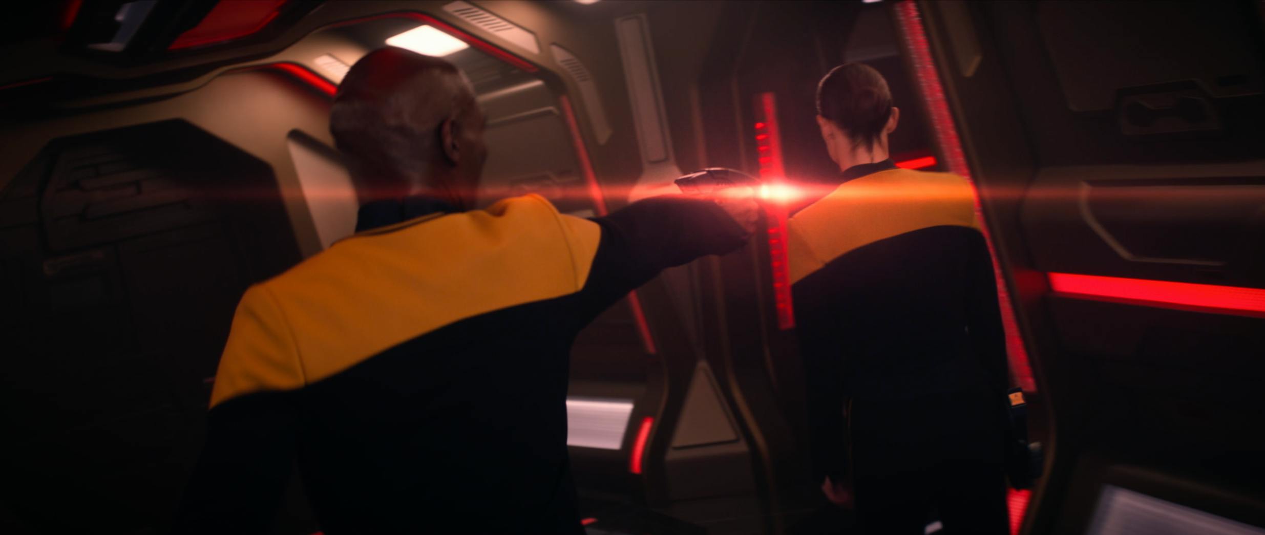 A Changeling posing as an officer shoots at a Titan officer on Star Trek: Picard