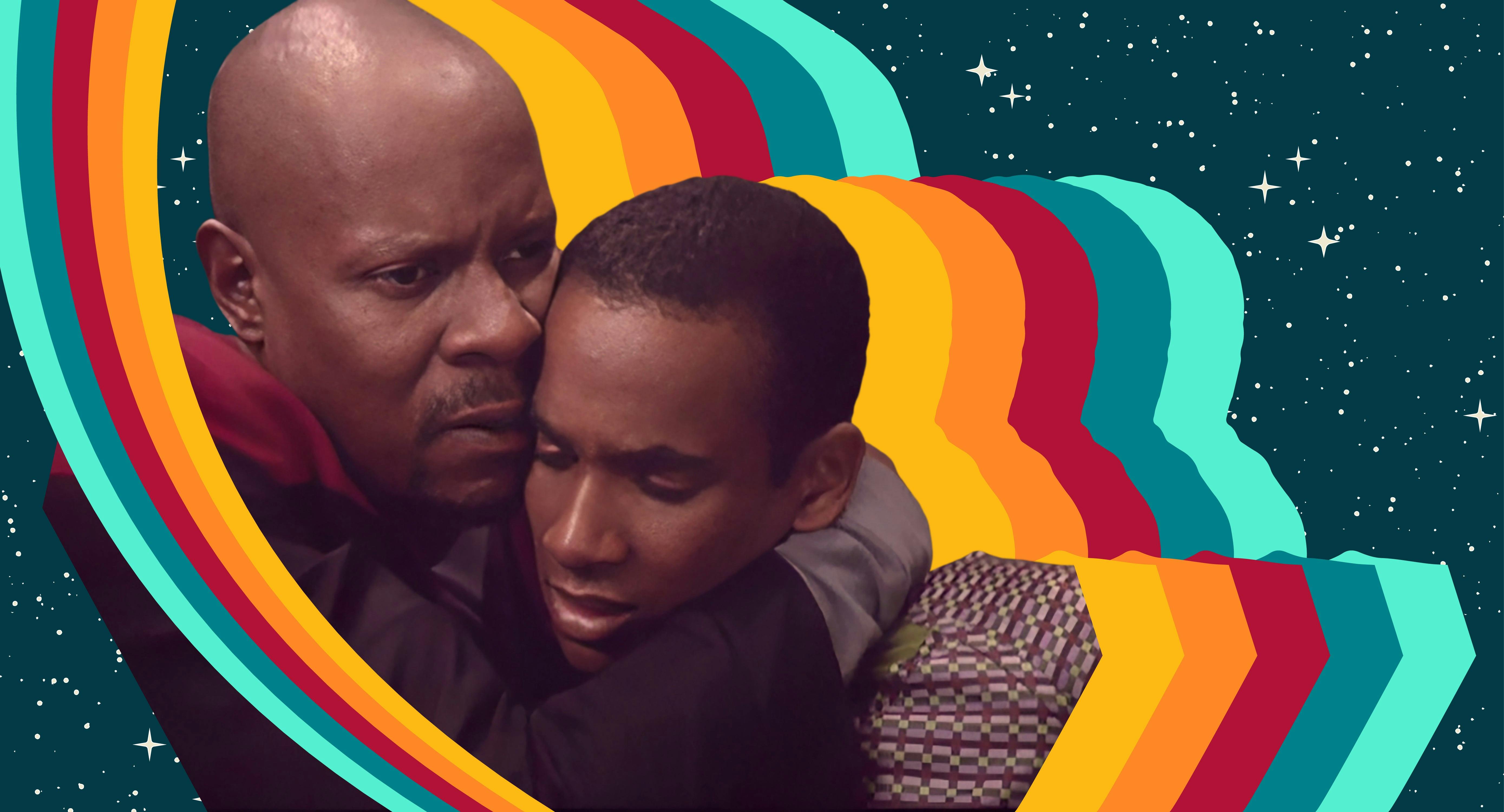 Illustrated banner of Benjamin Sisko holding Jake Sisko in a concerned and protective embrace on Star Trek: Deep Space Nine