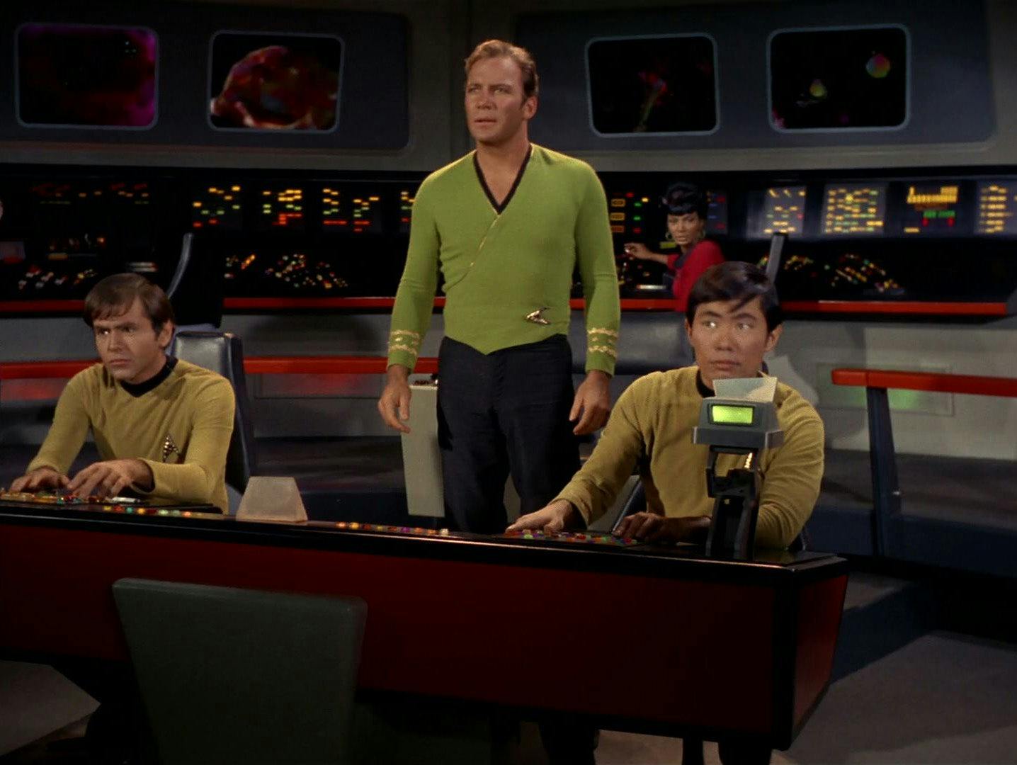Chekov, Kirk, Uhura, and Sulu on the Bridge of the Enterprise in 'I, Mudd'