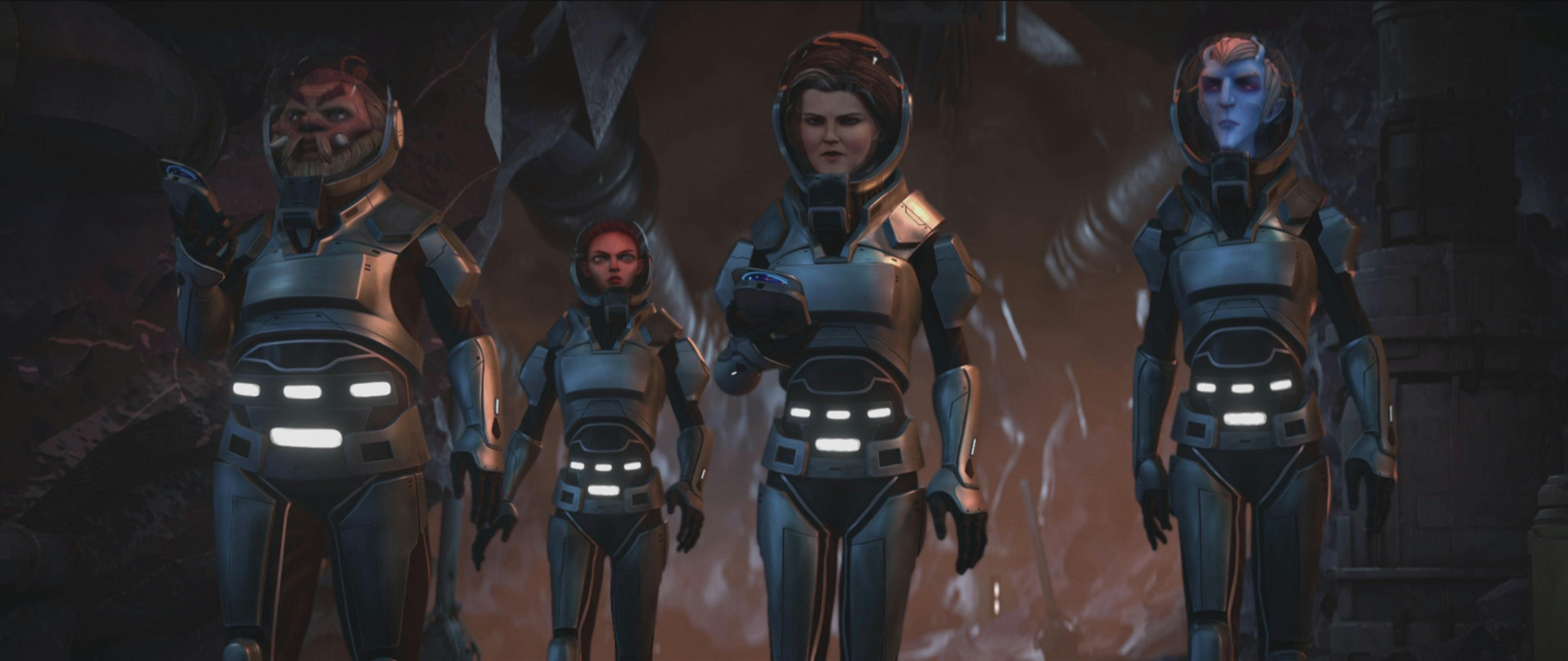 Dr. Noum, Commander Tysess, Vice Admiral Janeway, and Ensign Ascencia survey a planet's surface in space suits on Star Trek: Prodigy