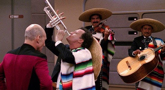 Q celebrates the return of his powers with a mariachi band while he plays the trumpet.