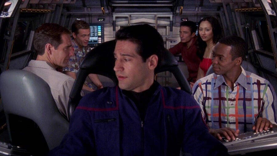 The Enterprise crew in their shore leave attire take a shuttlecraft down to Risa in 'Two Days and Two Nights'
