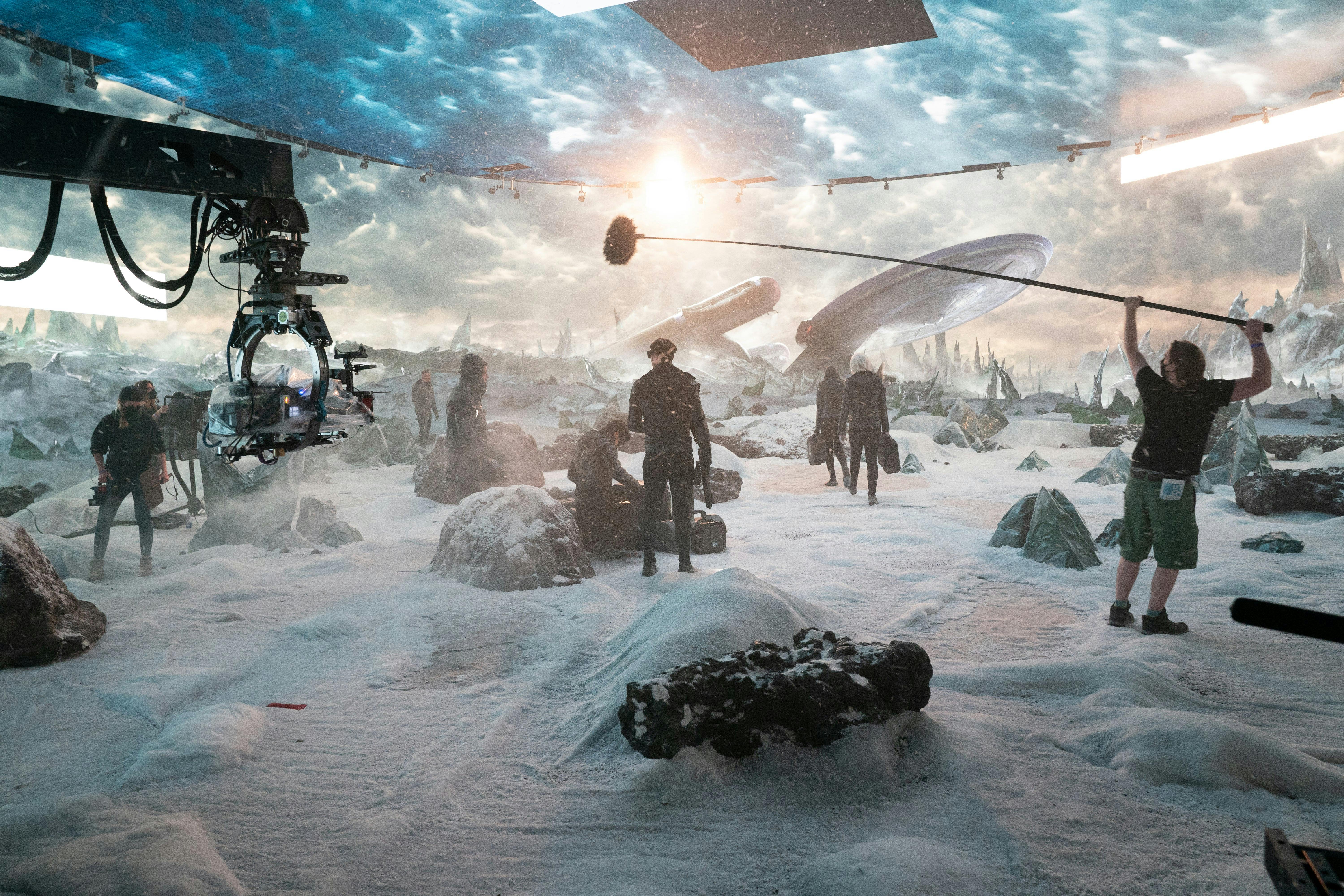 The crew shoots a scene set on a barren ice planet.