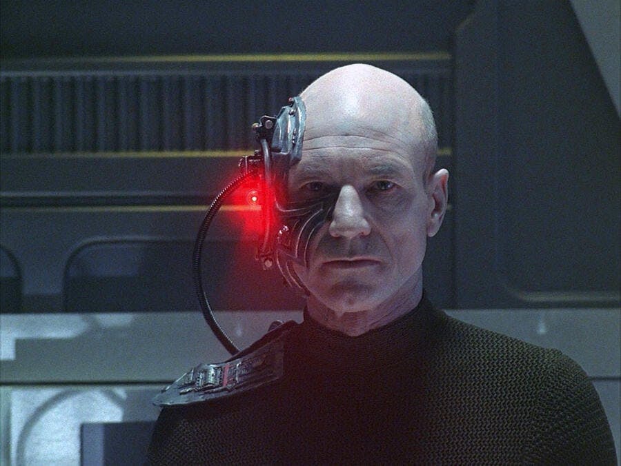 Picard assimilated as Locutus of Borg in 'The Best of Both Worlds, Par I'
