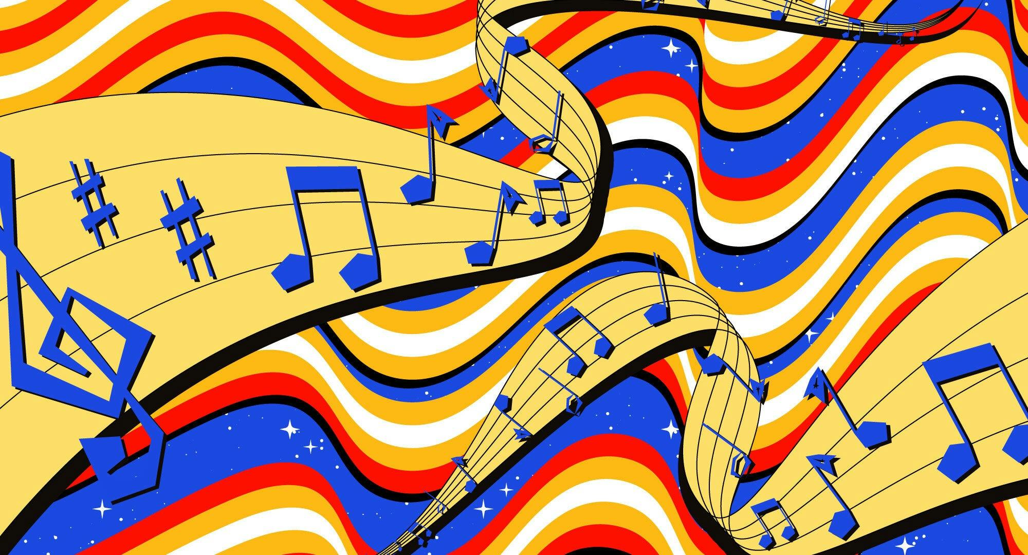 Illustrated banner featuring musical notes