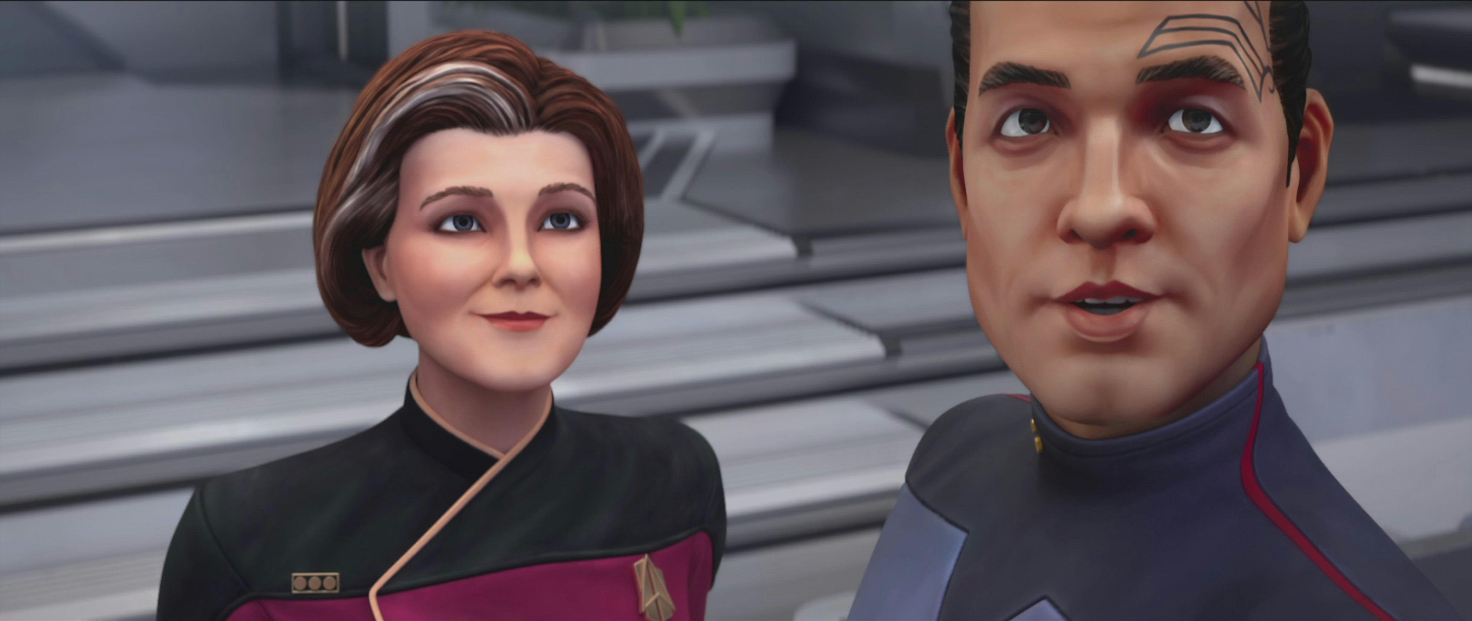 Vice Admiral Janeway and Chakotay look far off into the distance in Star Trek: Prodigy